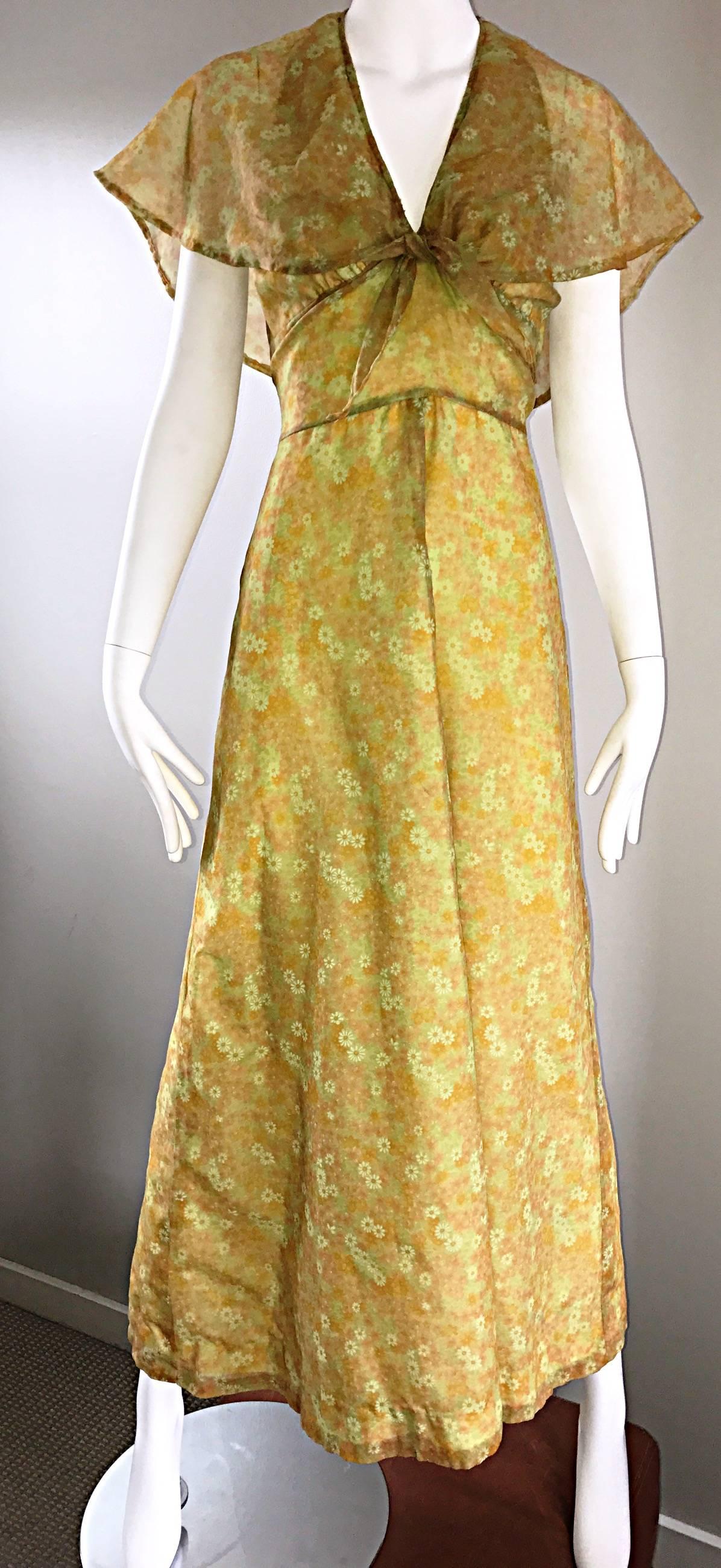 Brown 1970s Boho Chic Yellow + Chartreuse Green Daisy Flower Print Chiffon Maxi Dress For Sale