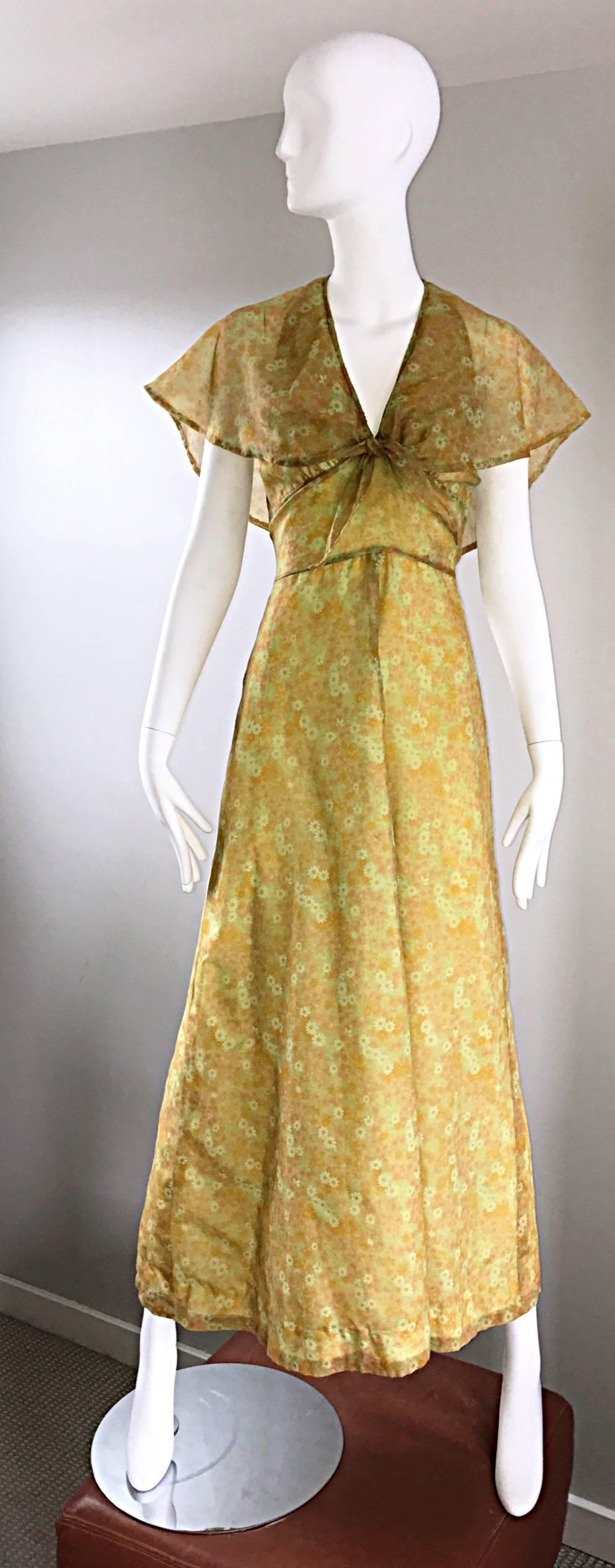 1970s Boho Chic Yellow + Chartreuse Green Daisy Flower Print Chiffon Maxi Dress For Sale 1