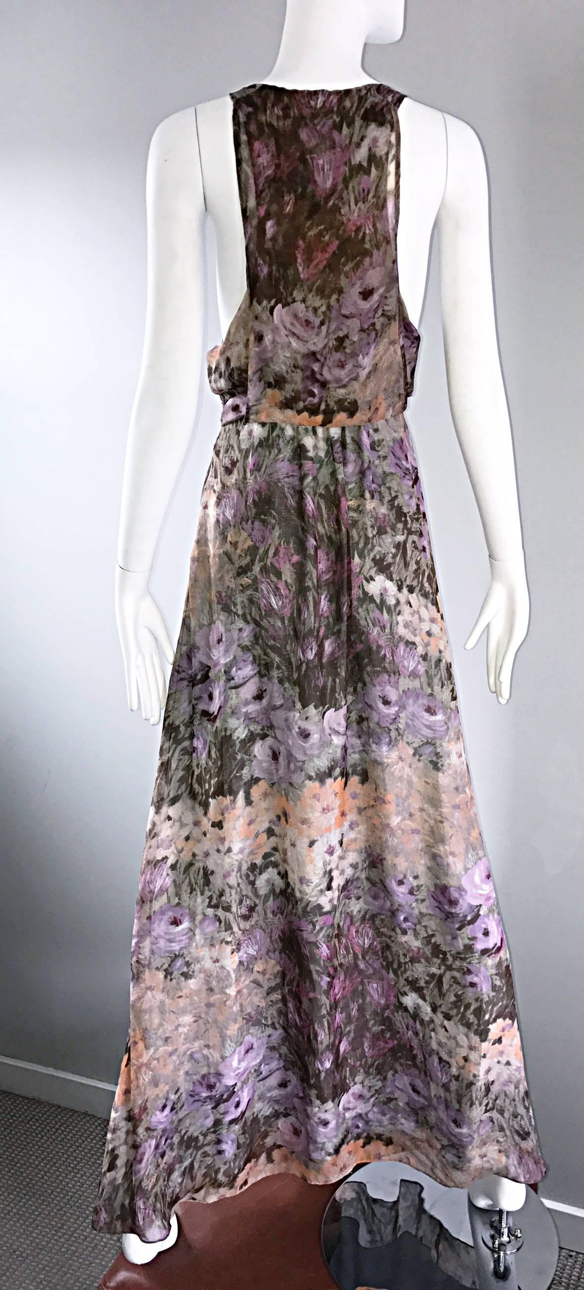 Gray Lerario Beatriz Size 8 Silk Purple Pink Grey Watercolor Racerback Maxi Dress