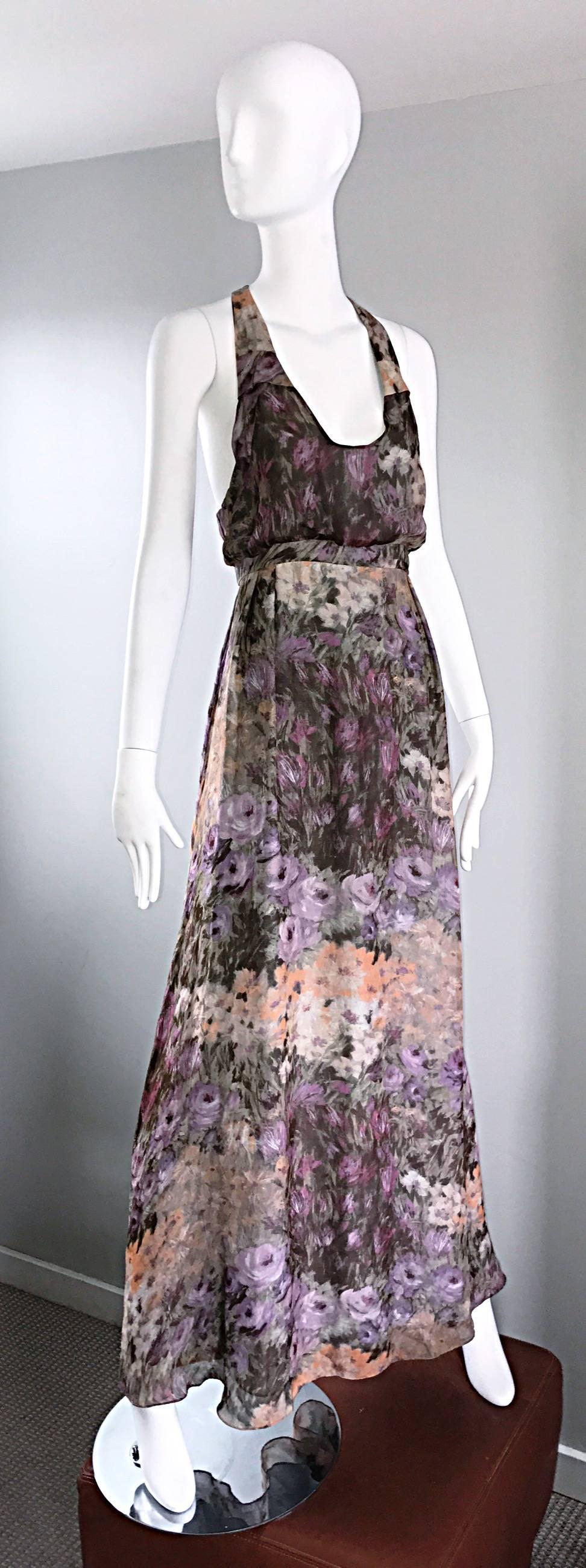 Lerario Beatriz Size 8 Silk Purple Pink Grey Watercolor Racerback Maxi Dress 1