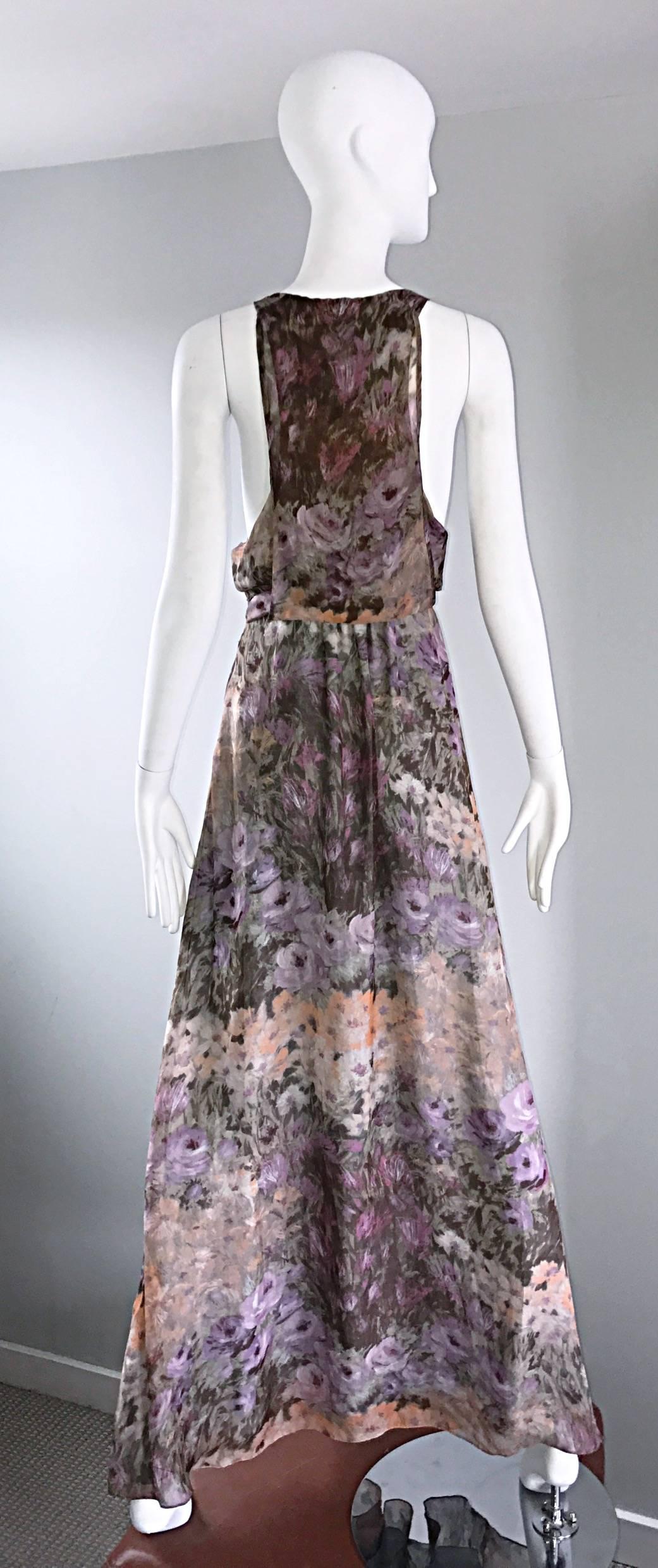 Lerario Beatriz Size 8 Silk Purple Pink Grey Watercolor Racerback Maxi Dress 3