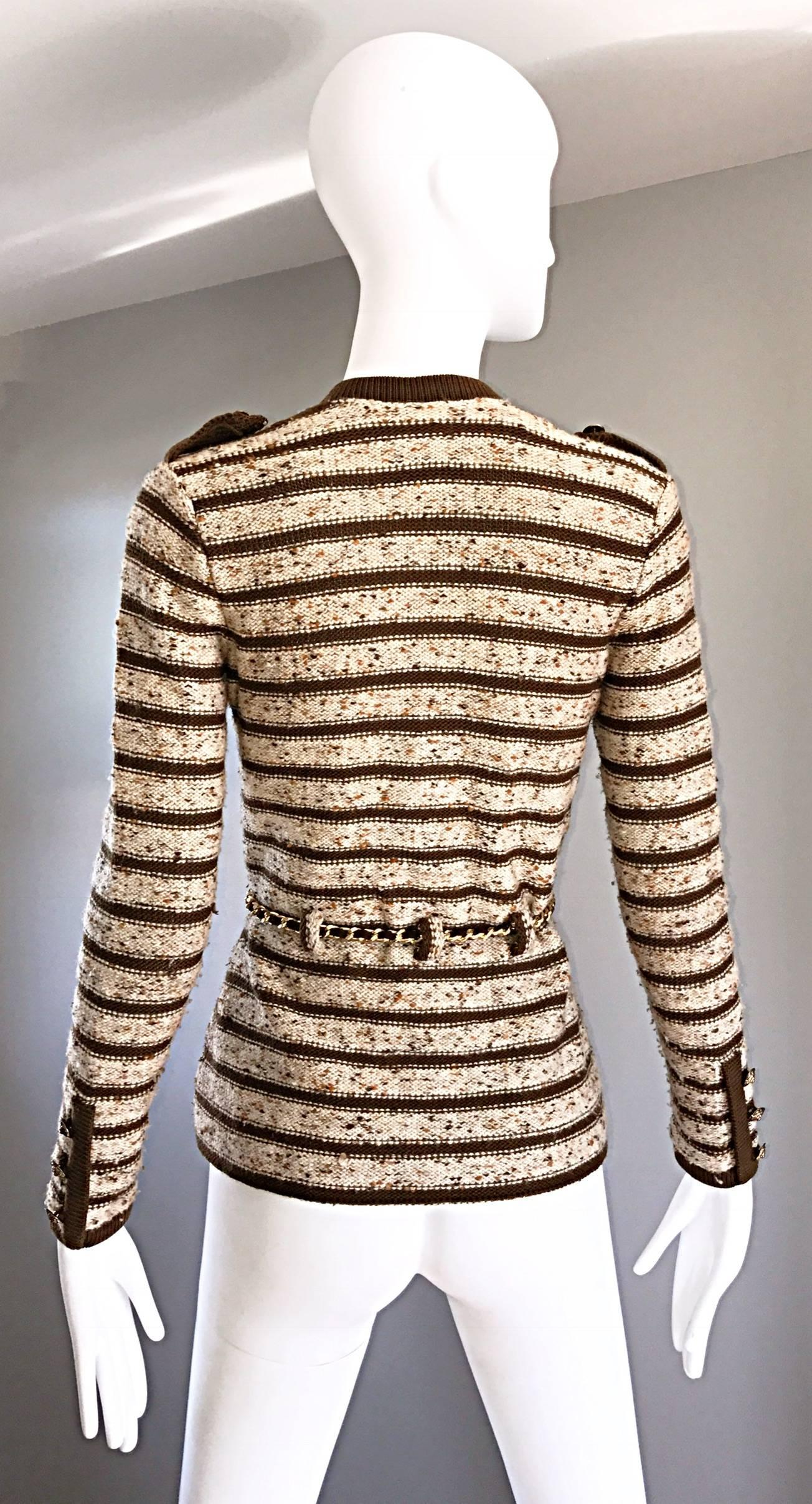 Vintage Adolfo For Saks 5th Ave Brown + Ivory 70s Belted Cardigan Jacket Sweater In Excellent Condition In San Diego, CA