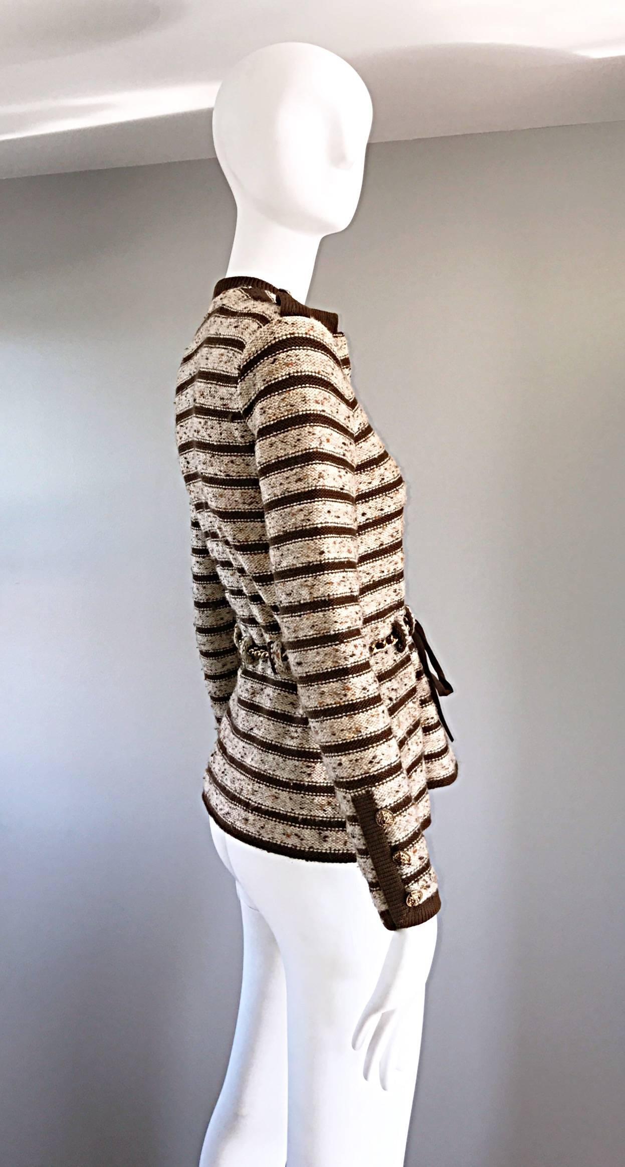 Women's Vintage Adolfo For Saks 5th Ave Brown + Ivory 70s Belted Cardigan Jacket Sweater