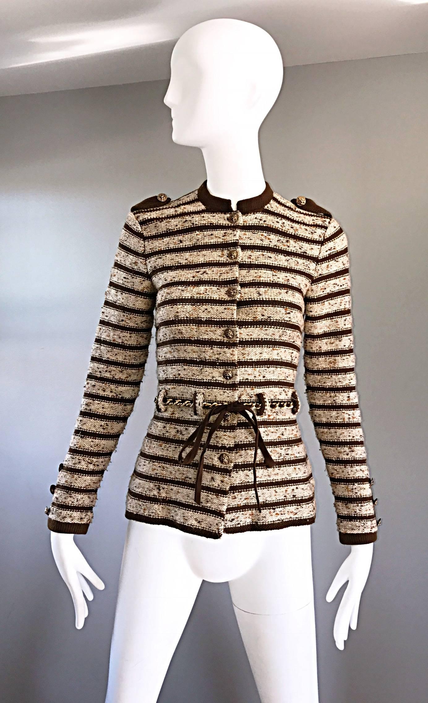 Vintage Adolfo For Saks 5th Ave Brown + Ivory 70s Belted Cardigan Jacket Sweater 2