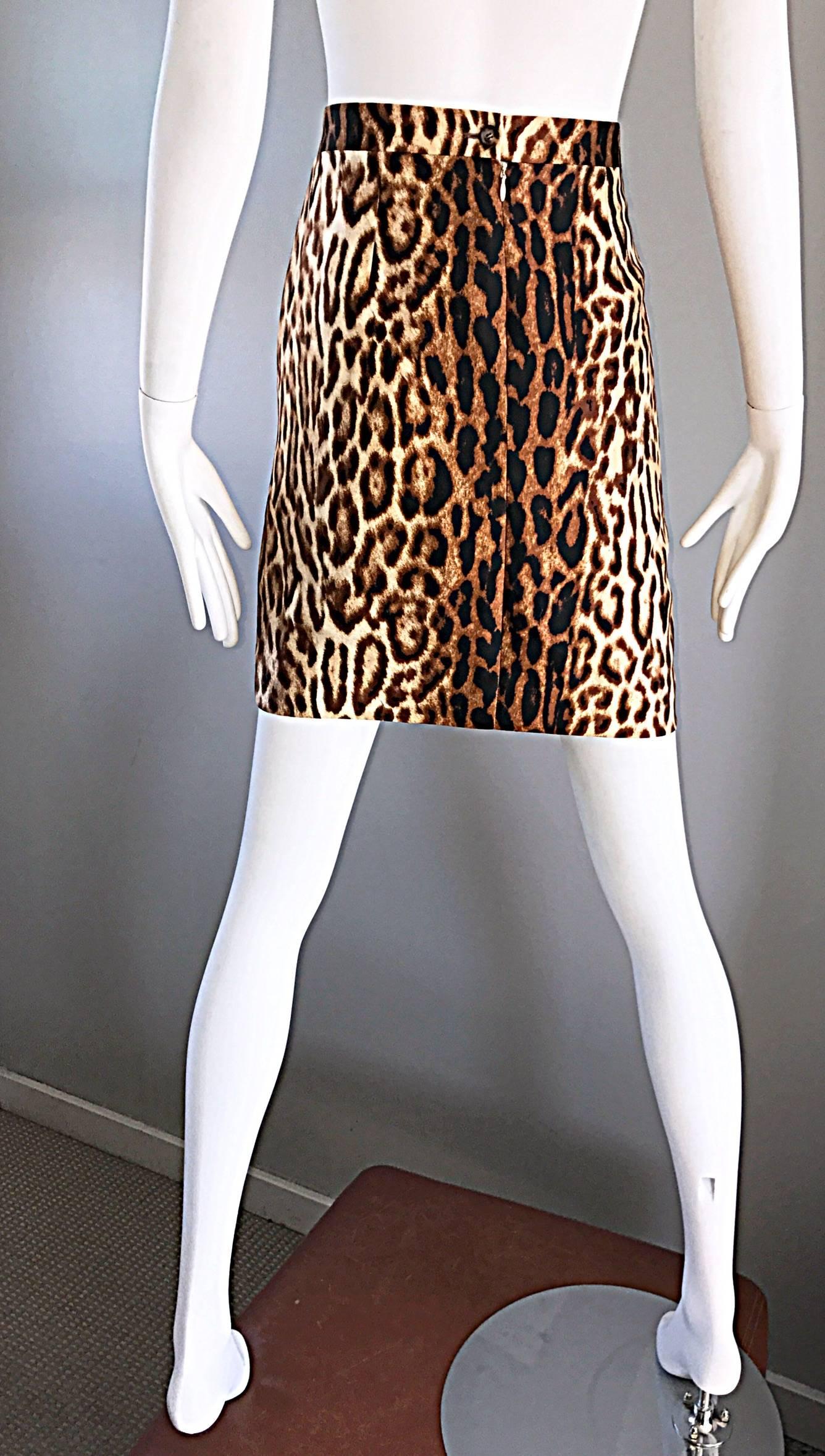 Black Celine by Michael Kors 1990s Leopard Print High Waisted 90s Mini Pencil Skirt 42