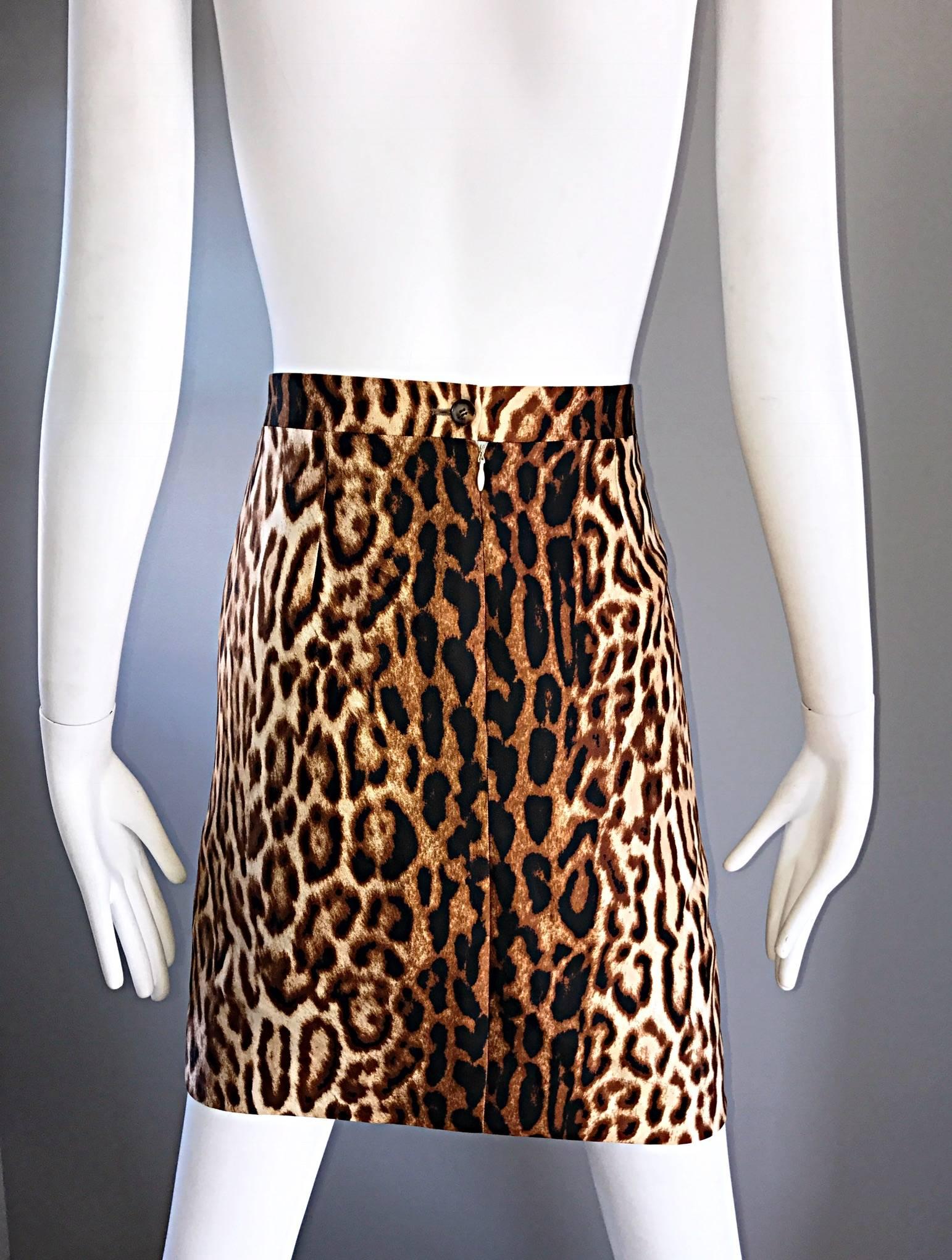 Women's Celine by Michael Kors 1990s Leopard Print High Waisted 90s Mini Pencil Skirt 42