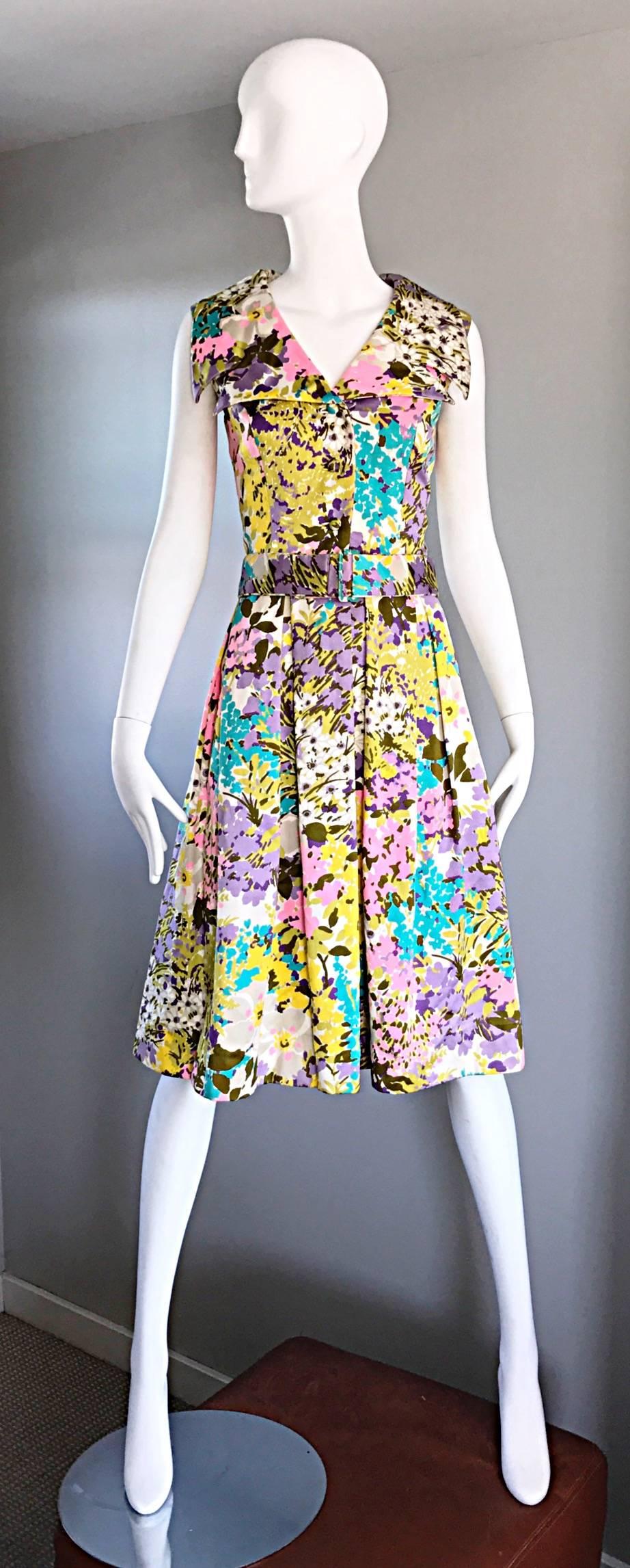 Incredible vintage late 1960s TORI RICHARD for LIBERTY HOUSE A - Line belted shirt dress! Features a beautiful Allover floral print in vibrant pastels. Large oversized Avant Garde collar. Fitted bodice with a flared skirt. Detachable belt in the