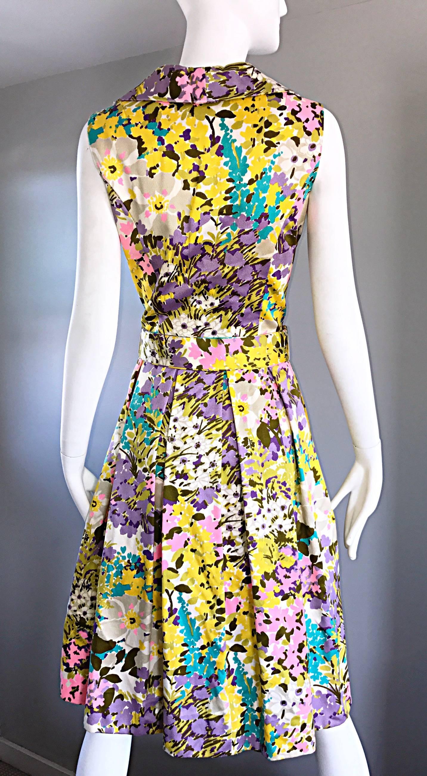 Tori Richard 1960s Flower Printed Vintage Hawaiian 60s Belted Shirt Dress For Sale 1