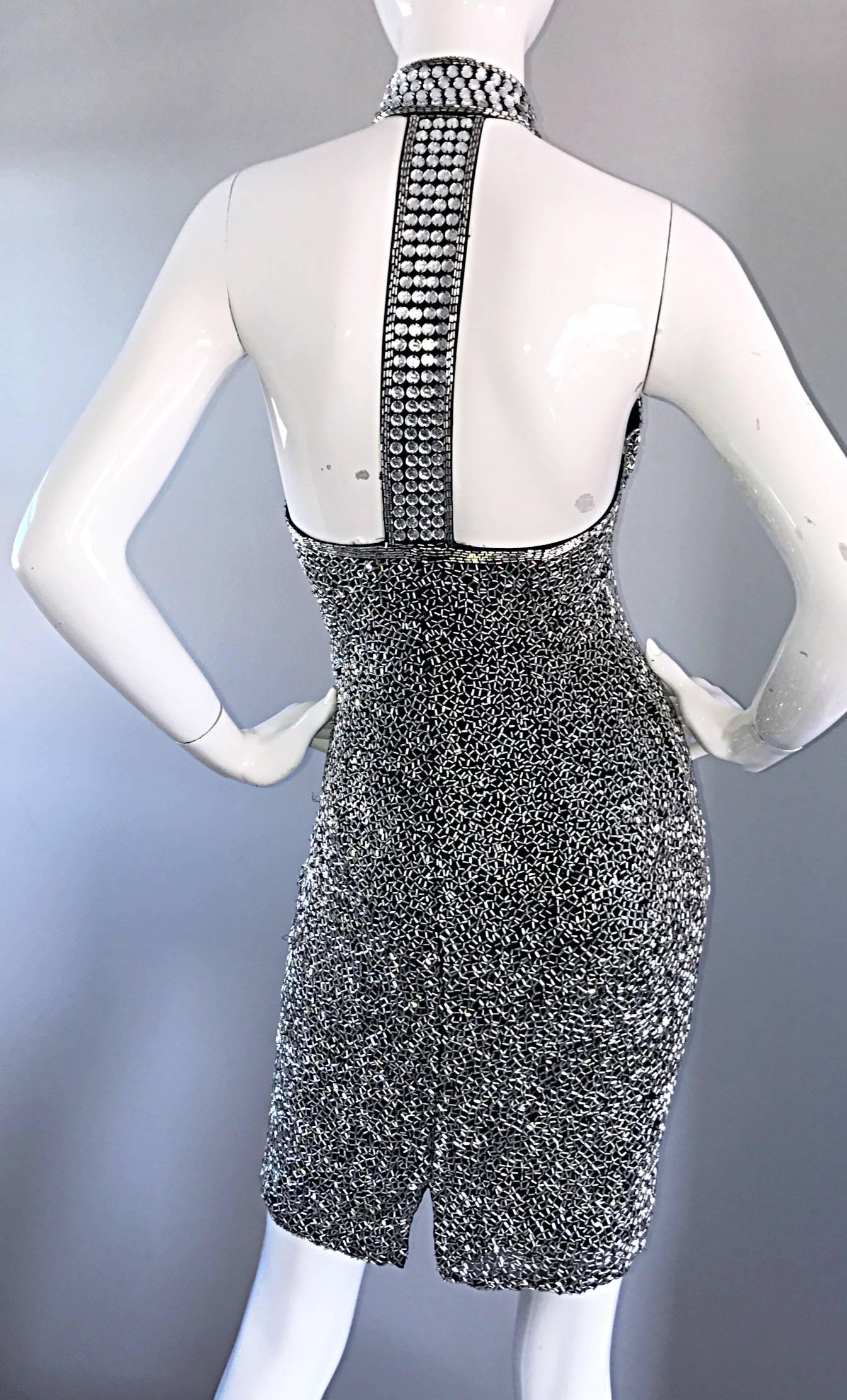 Vintage LILLIE RUBIN Size 2 90s Heavily Beaded Sexy Black Silver Bondage Dress In Excellent Condition For Sale In San Diego, CA