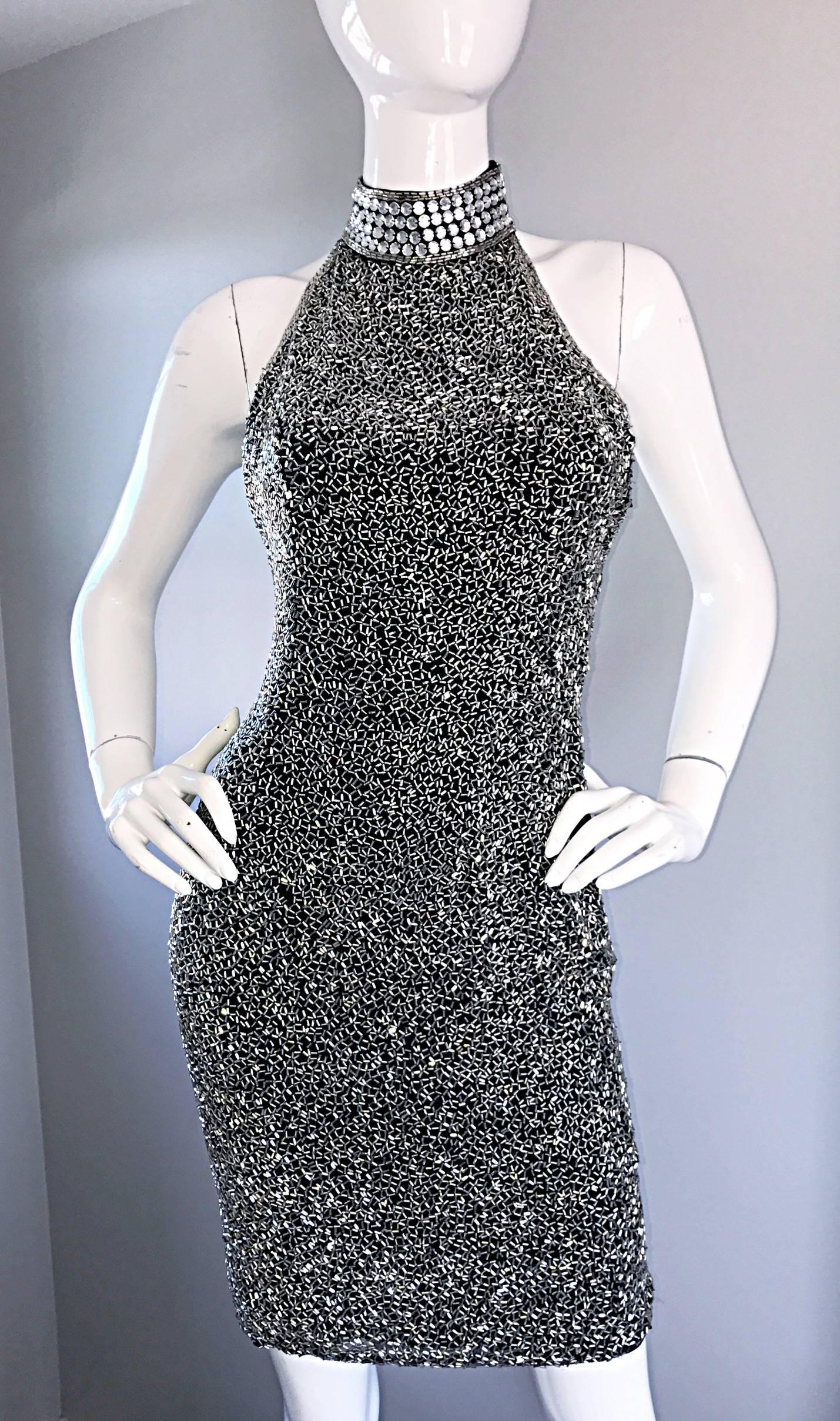 Women's Vintage LILLIE RUBIN Size 2 90s Heavily Beaded Sexy Black Silver Bondage Dress For Sale