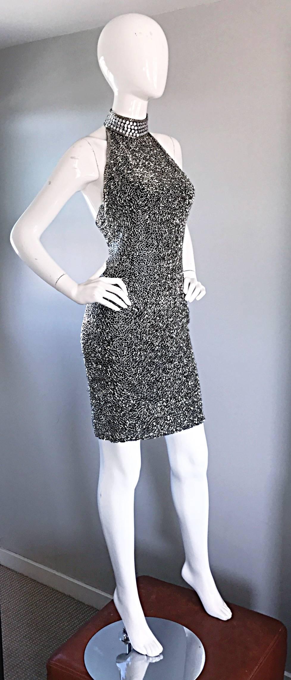 Vintage LILLIE RUBIN Size 2 90s Heavily Beaded Sexy Black Silver Bondage Dress For Sale 1