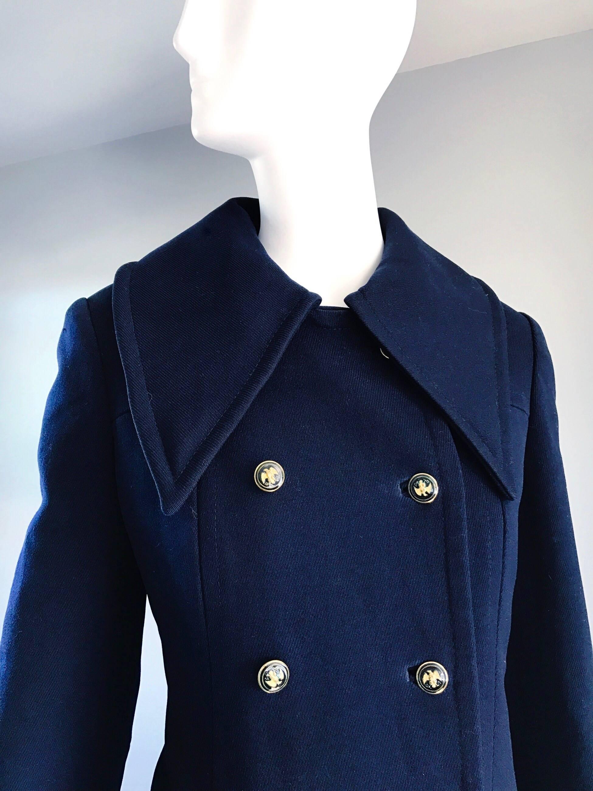Black 1970s SAKS 5th AVENUE Navy Blue Double Breasted Long Wool Peacoat Jacket Coat