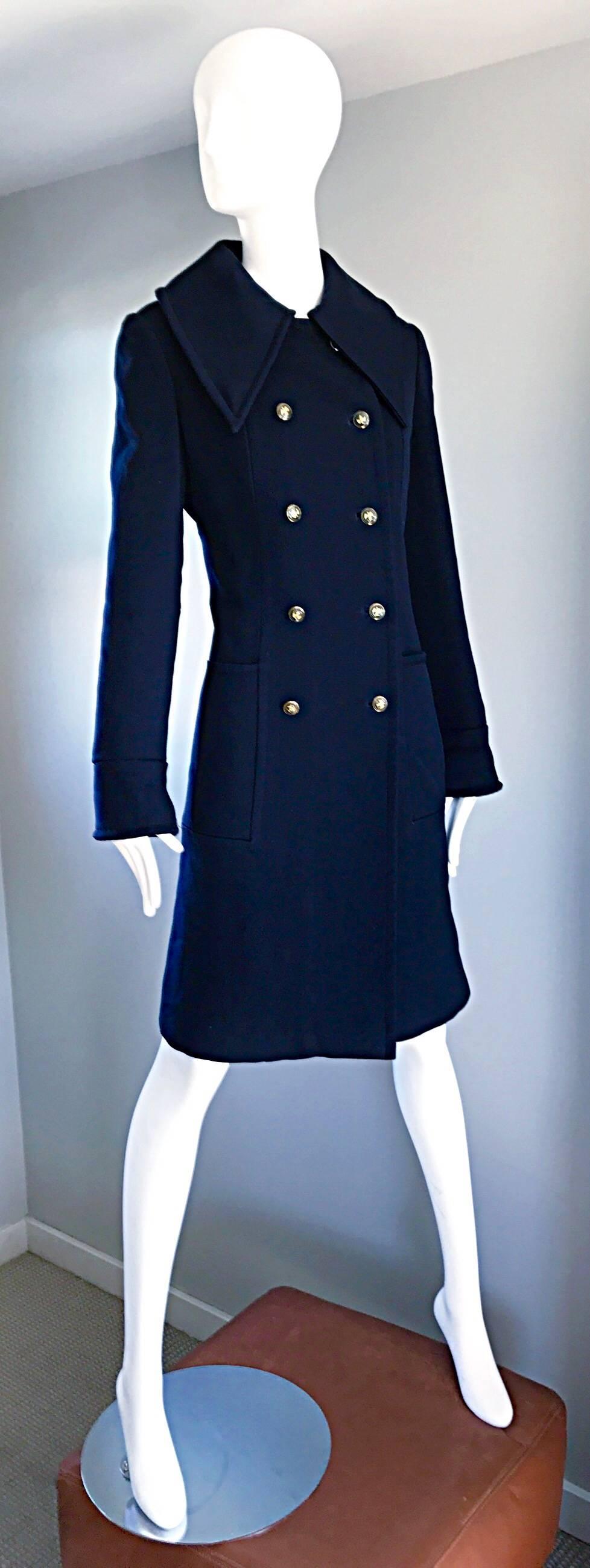 1970s SAKS 5th AVENUE Navy Blue Double Breasted Long Wool Peacoat Jacket Coat 1