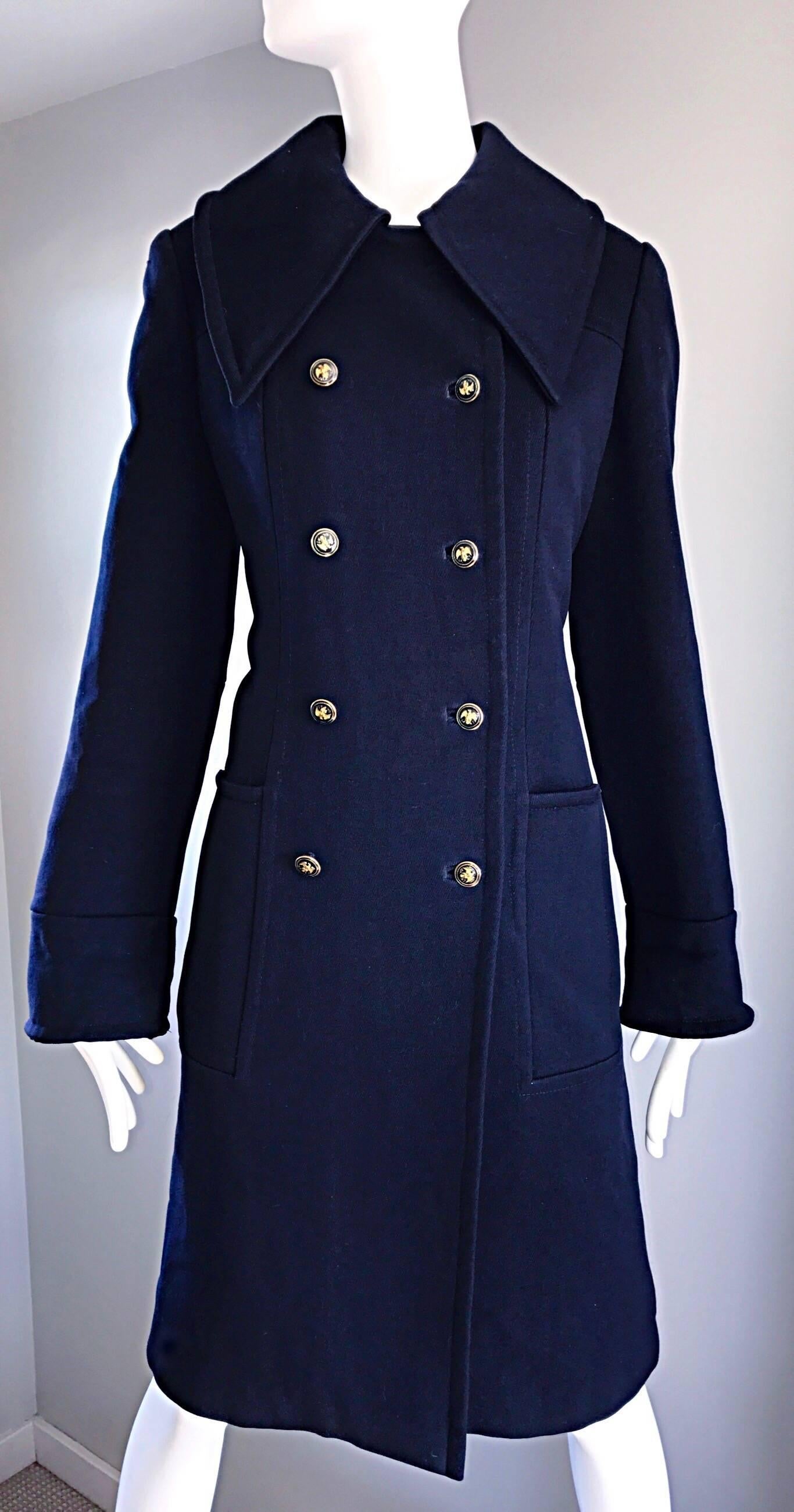 1970s SAKS 5th AVENUE Navy Blue Double Breasted Long Wool Peacoat ...
