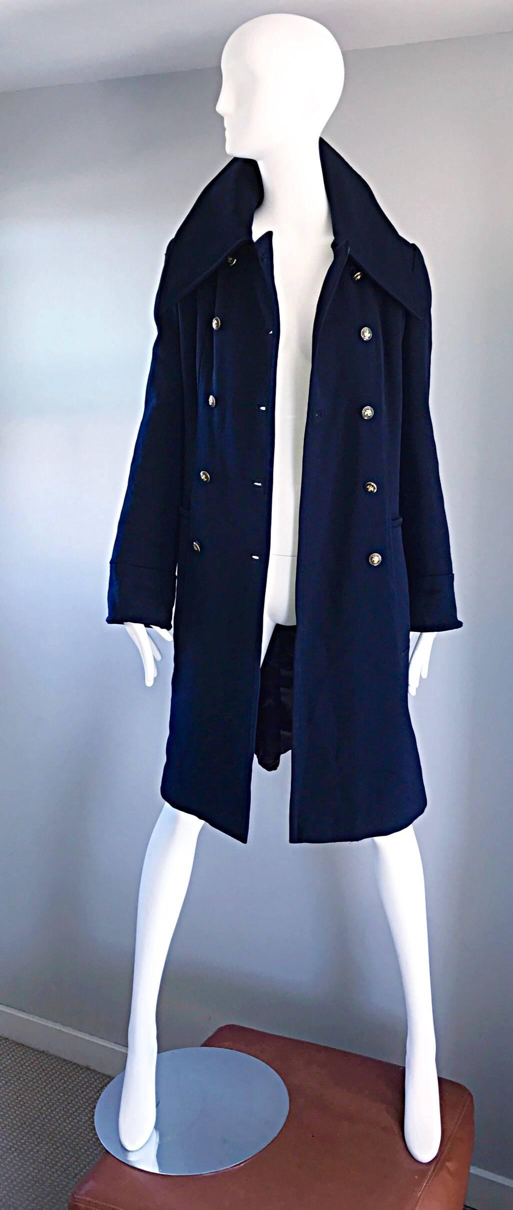 Women's 1970s SAKS 5th AVENUE Navy Blue Double Breasted Long Wool Peacoat Jacket Coat