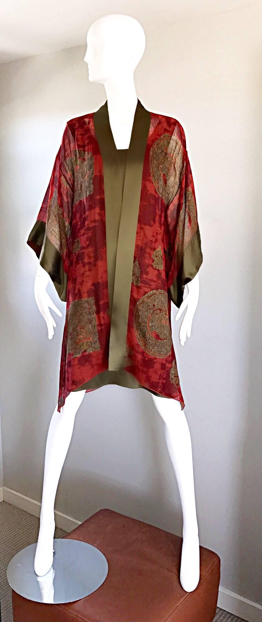 Amazing vintage 70s HOLLY'S HARP 1970s red, burgundy and chartreuse green silk kimono AND dress! Silk chiffon hand painted kimono features chartreuse satin trims, and dolman sleeves. Simple cut chartreuse green silk dress is also very forgiving.