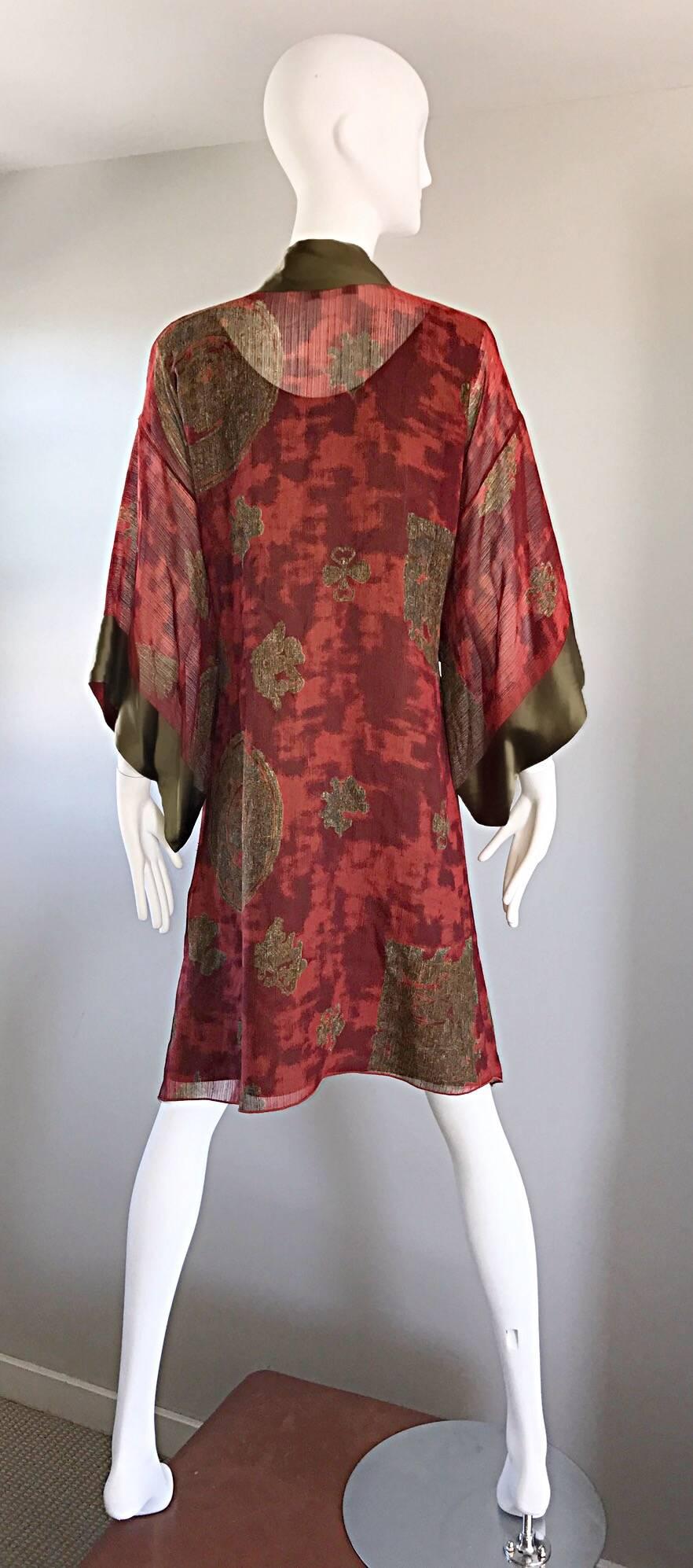 1970s Holly's Harp Vintage Dress and Kimono Red + Chartreuse Amazing Boho Set  In Excellent Condition In San Diego, CA