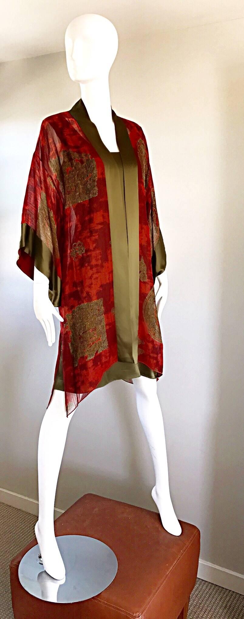 Women's 1970s Holly's Harp Vintage Dress and Kimono Red + Chartreuse Amazing Boho Set 