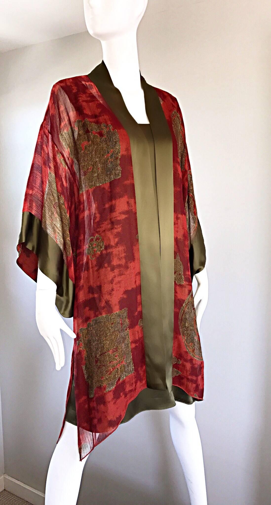 1970s Holly's Harp Vintage Dress and Kimono Red + Chartreuse Amazing Boho Set  2