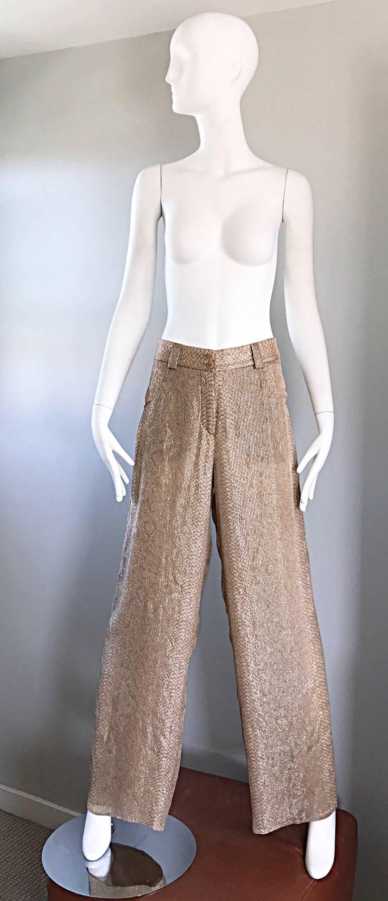 Amazing vintage 1990s / 90s GIORGIO ARMANI Women’s silk chiffon wide leg trousers! Tan and brown snake skin print, with gold metallic threaded vertical stripes throughout. Chic fit, with extra wide legs. Double layered silk chiffon feels incredible
