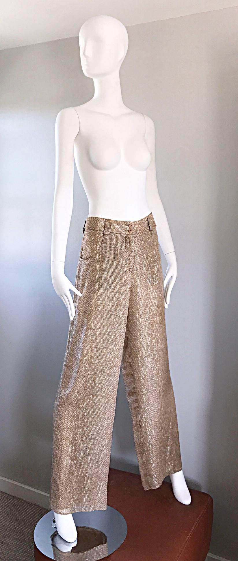 Vintage GIORGIO ARMANI 1990s Beige Gold Silk Chiffon Snakeskin Wide Leg Pants In Excellent Condition For Sale In San Diego, CA