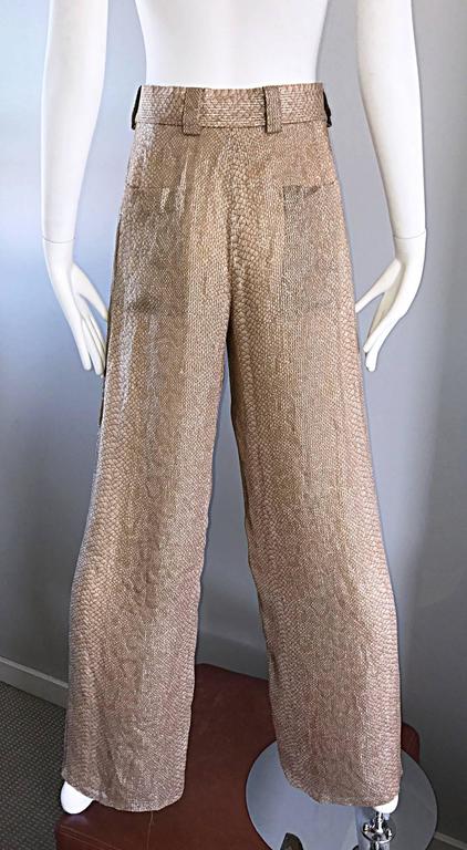 Vintage GIORGIO ARMANI 1990s Beige Gold Silk Chiffon Snakeskin Wide Leg  Pants