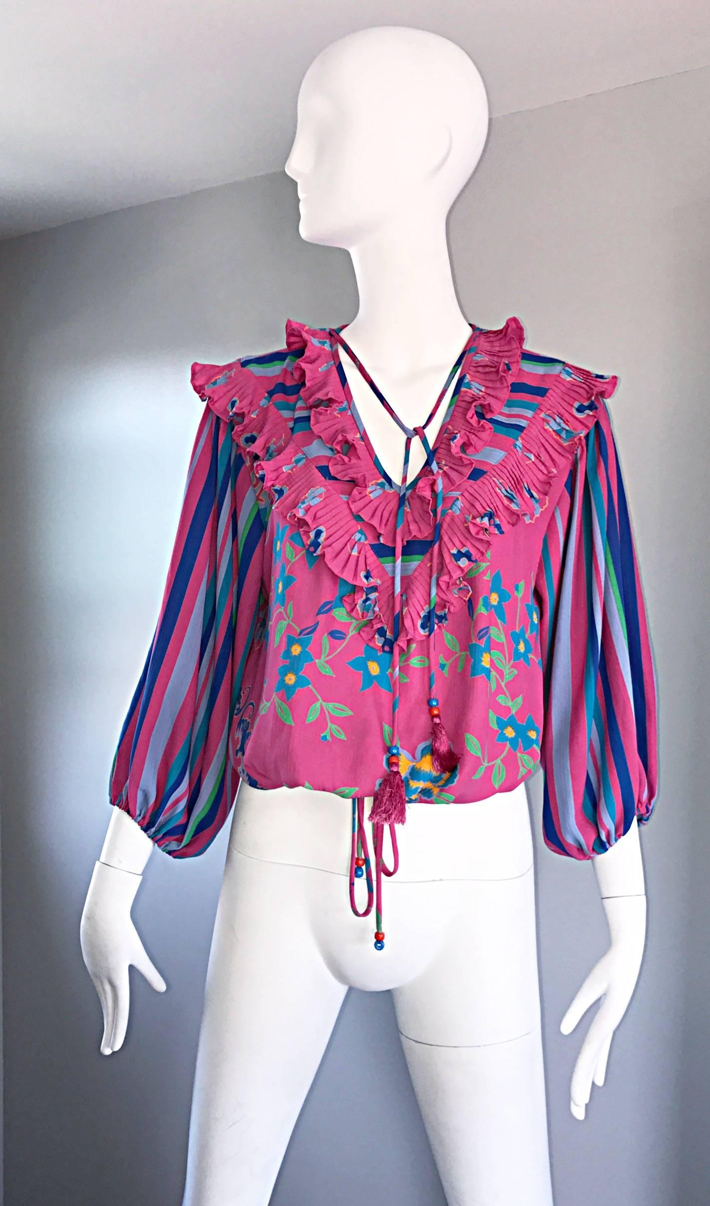 Diane Freis Vintage Rosa Boho Bluse und Streifen Perlen Quaste Bluse Shirt Top (Pink) im Angebot