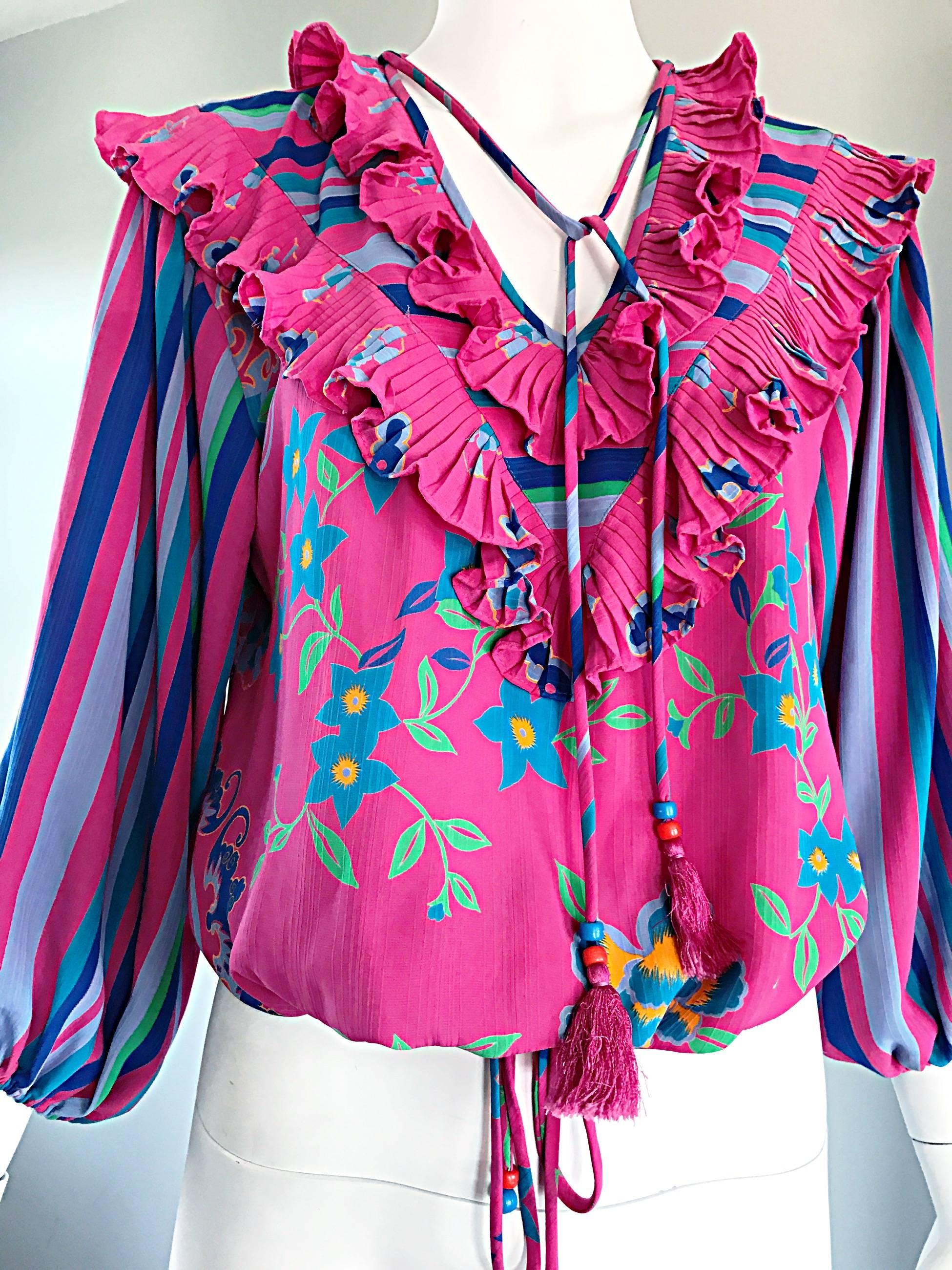 Diane Freis Vintage Rosa Boho Bluse und Streifen Perlen Quaste Bluse Shirt Top im Zustand „Hervorragend“ im Angebot in San Diego, CA