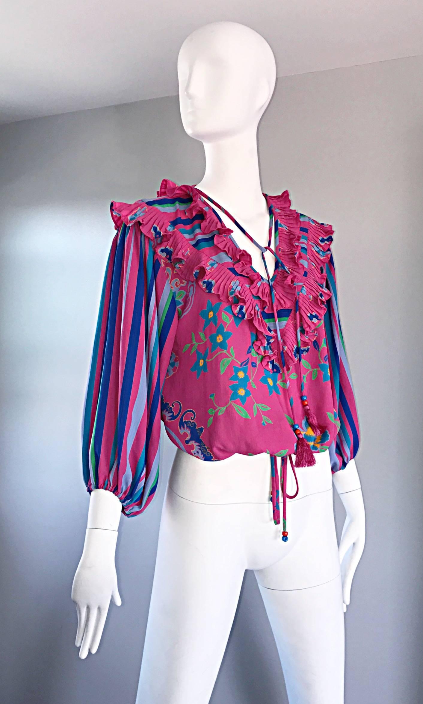 Diane Freis Vintage Rosa Boho Bluse und Streifen Perlen Quaste Bluse Shirt Top Damen im Angebot