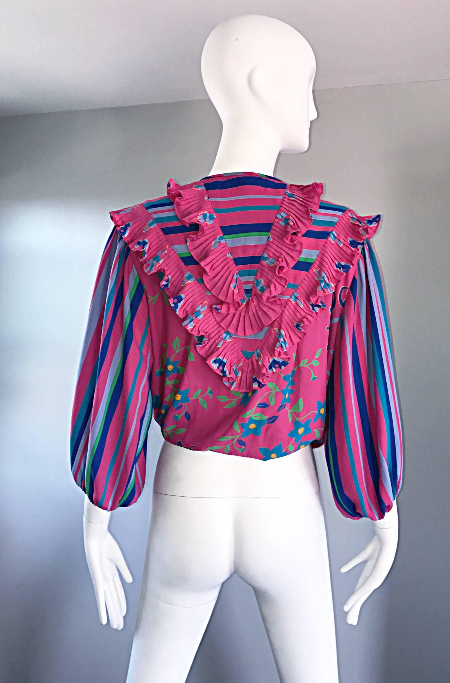 Diane Freis Vintage Pink Boho Flower and Stripes Beaded Tassel Blouse Shirt Top In Excellent Condition For Sale In San Diego, CA