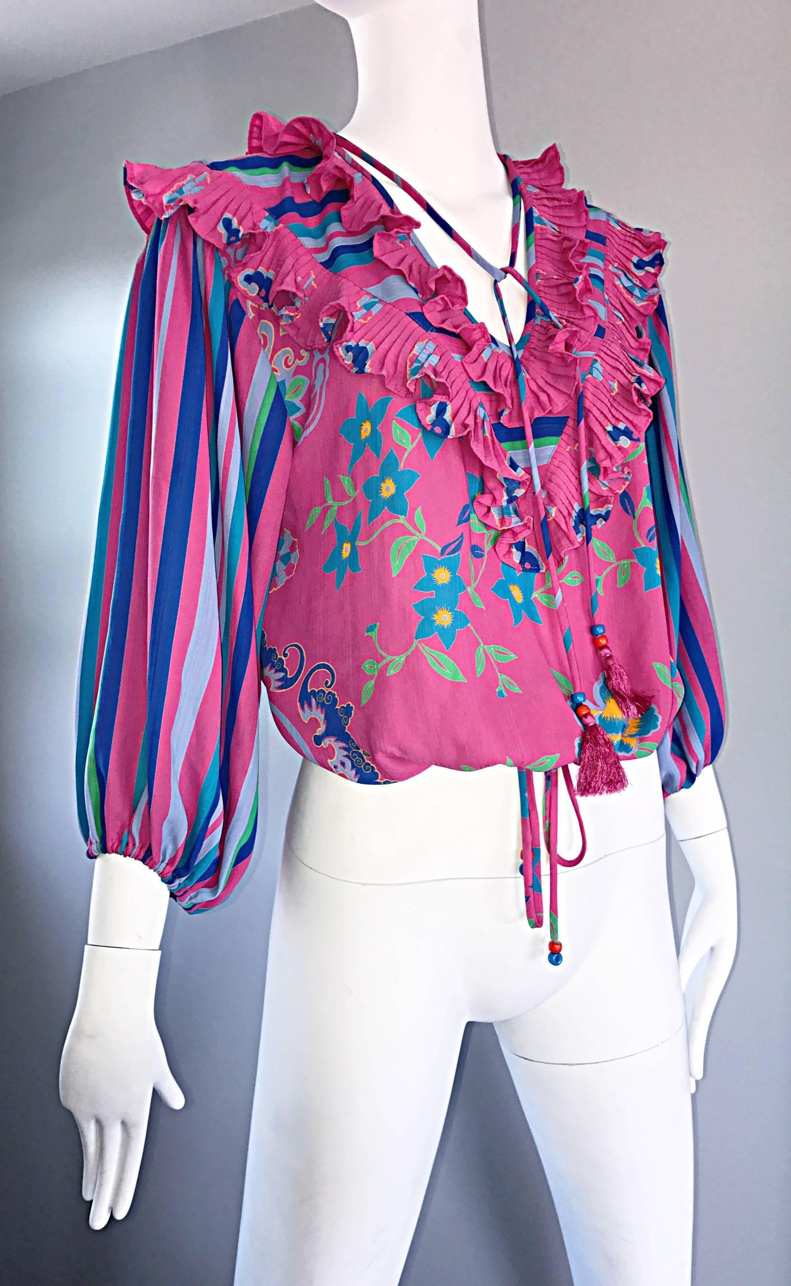 Women's Diane Freis Vintage Pink Boho Flower and Stripes Beaded Tassel Blouse Shirt Top For Sale