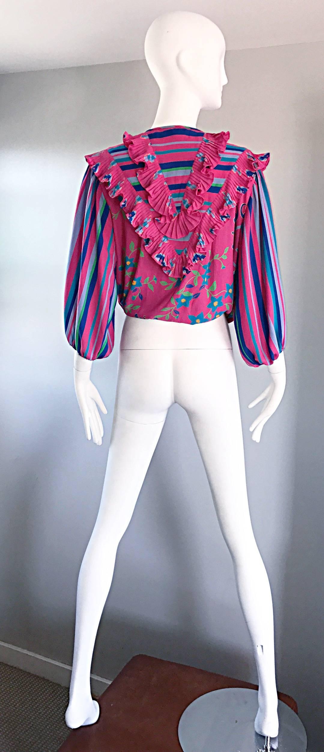Diane Freis Vintage Pink Boho Flower and Stripes Beaded Tassel Blouse Shirt Top For Sale 1