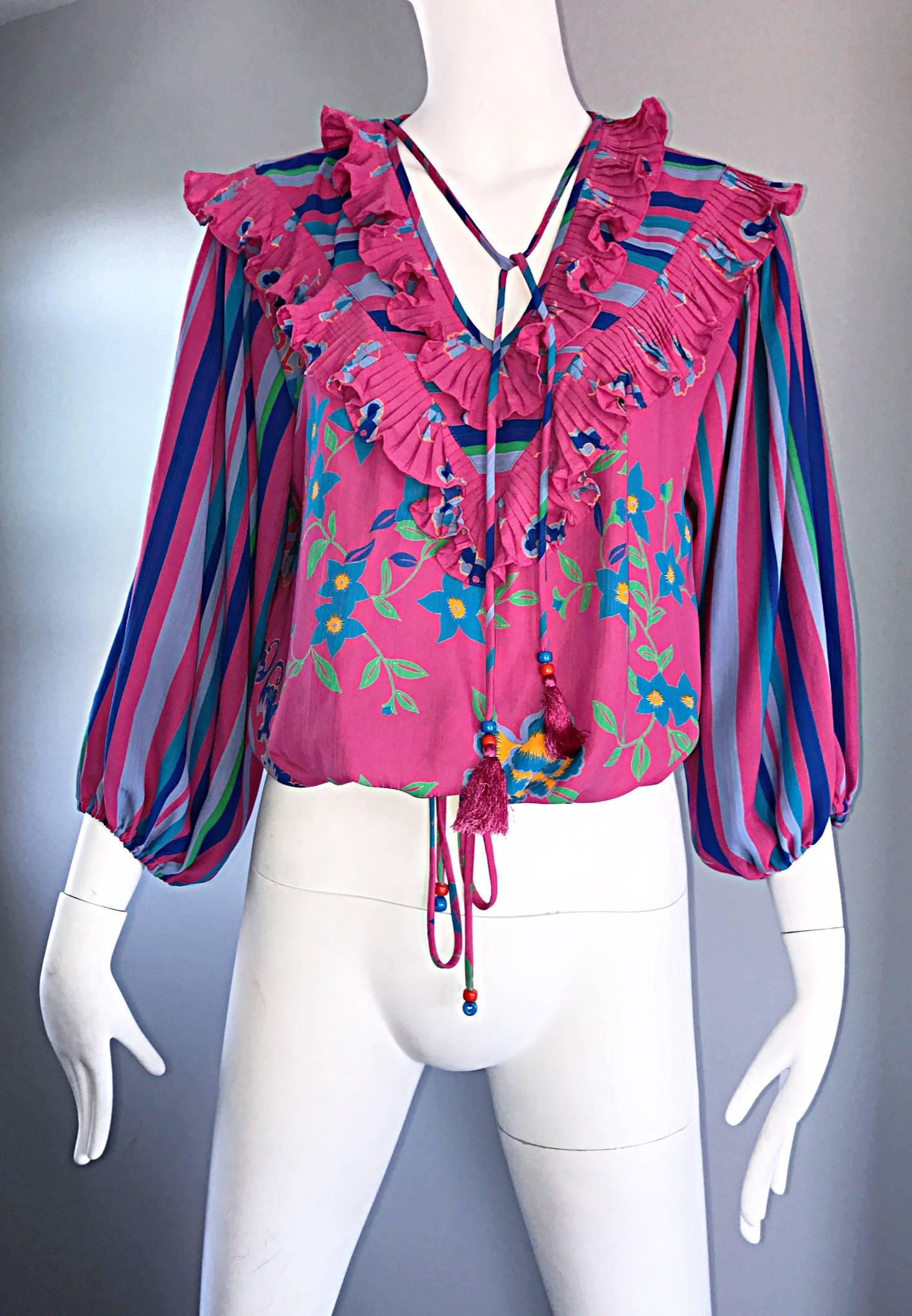 Diane Freis Vintage Pink Boho Flower and Stripes Beaded Tassel Blouse Shirt Top For Sale 2