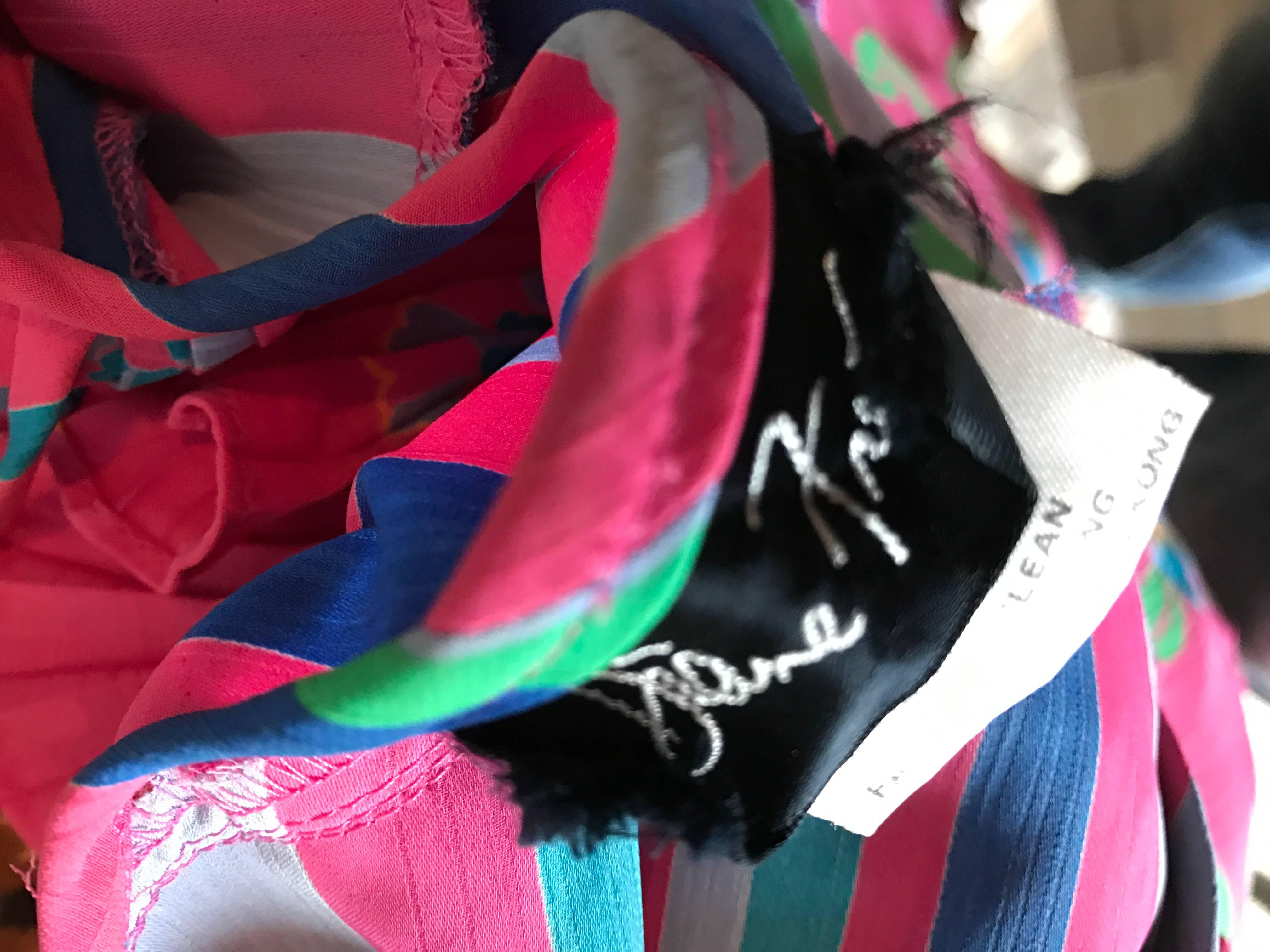 Diane Freis Vintage Pink Boho Flower and Stripes Beaded Tassel Blouse Shirt Top For Sale 3