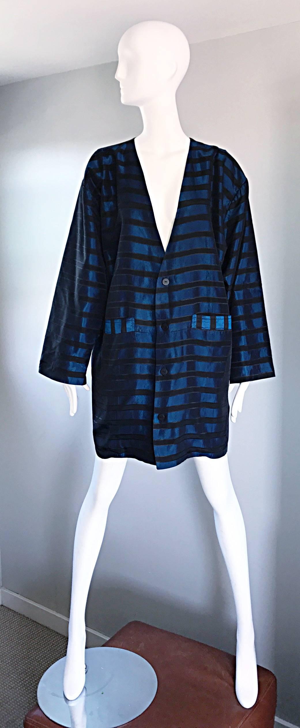 Rare vintage 90s TODD OLDHAM royal blue and black striped silk + wool blend cocoon evening jacket! Avant Garde style is extremely versatile, and can fit many sizes! Features three buttons up the front, and a pocket at each side of the waist. The