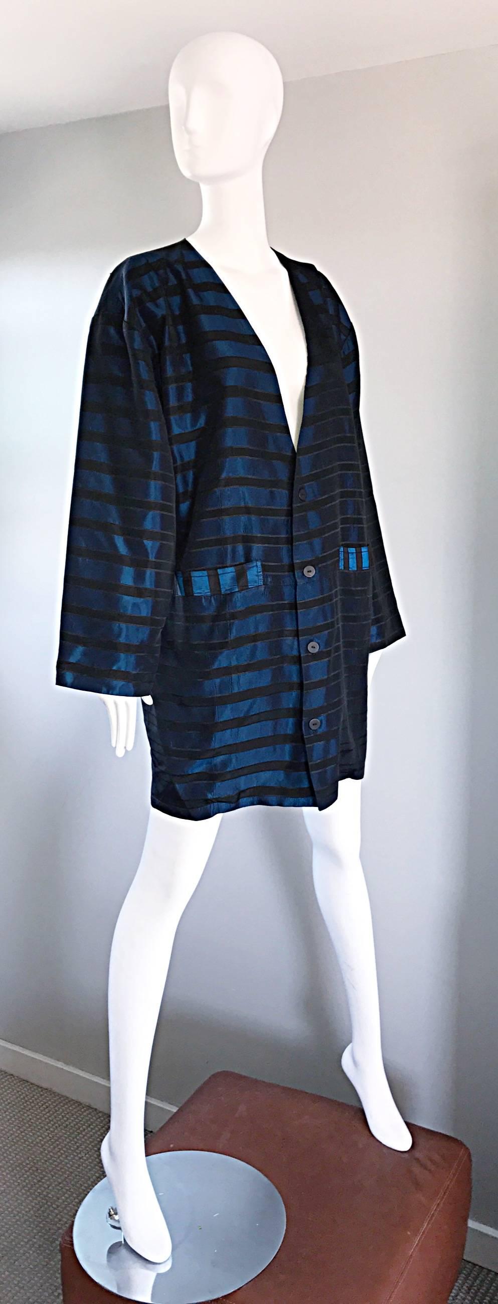 Rare Vintage Todd Oldham 1990s Blue and Black Striped Silk Cocoon Cocoon Jacket  In Excellent Condition In San Diego, CA
