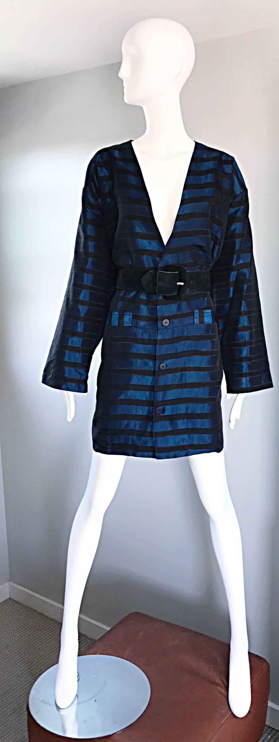 Women's Rare Vintage Todd Oldham 1990s Blue and Black Striped Silk Cocoon Cocoon Jacket 