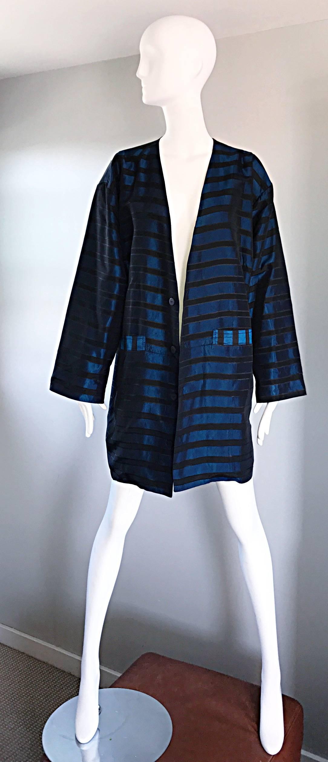 Rare Vintage Todd Oldham 1990s Blue and Black Striped Silk Cocoon Cocoon Jacket  2