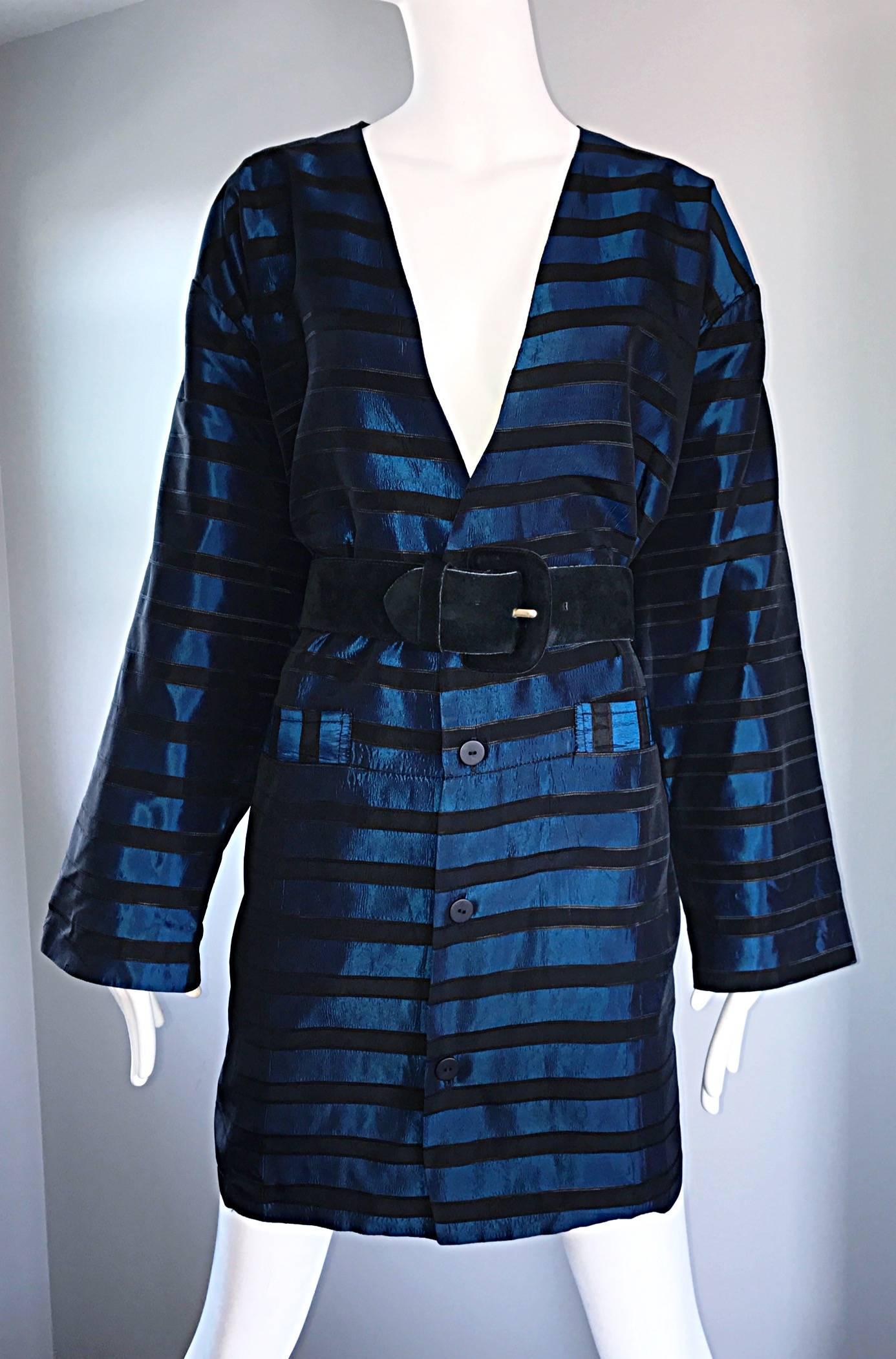 Rare Vintage Todd Oldham 1990s Blue and Black Striped Silk Cocoon Cocoon Jacket  4