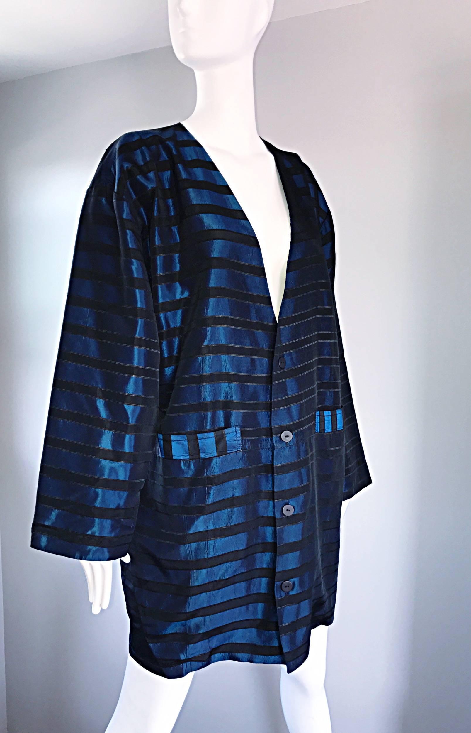 Rare Vintage Todd Oldham 1990s Blue and Black Striped Silk Cocoon Cocoon Jacket  5