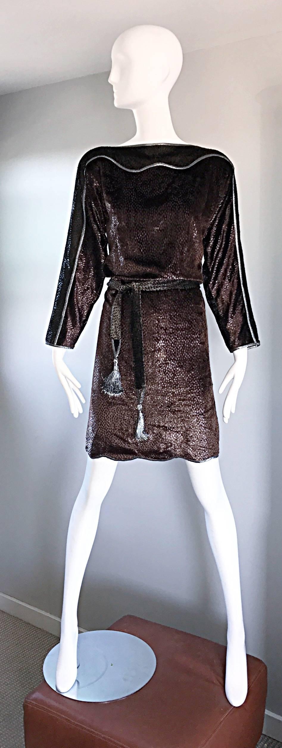 Sensational vintage GEOFFREY BEENE brown, gray, taupe, black and silver burnt out silk velvet long sleeve dress! Features and allover animal like print in brown and black. Scalloped grey / taupe details at sleeves and collar. Detachable belt