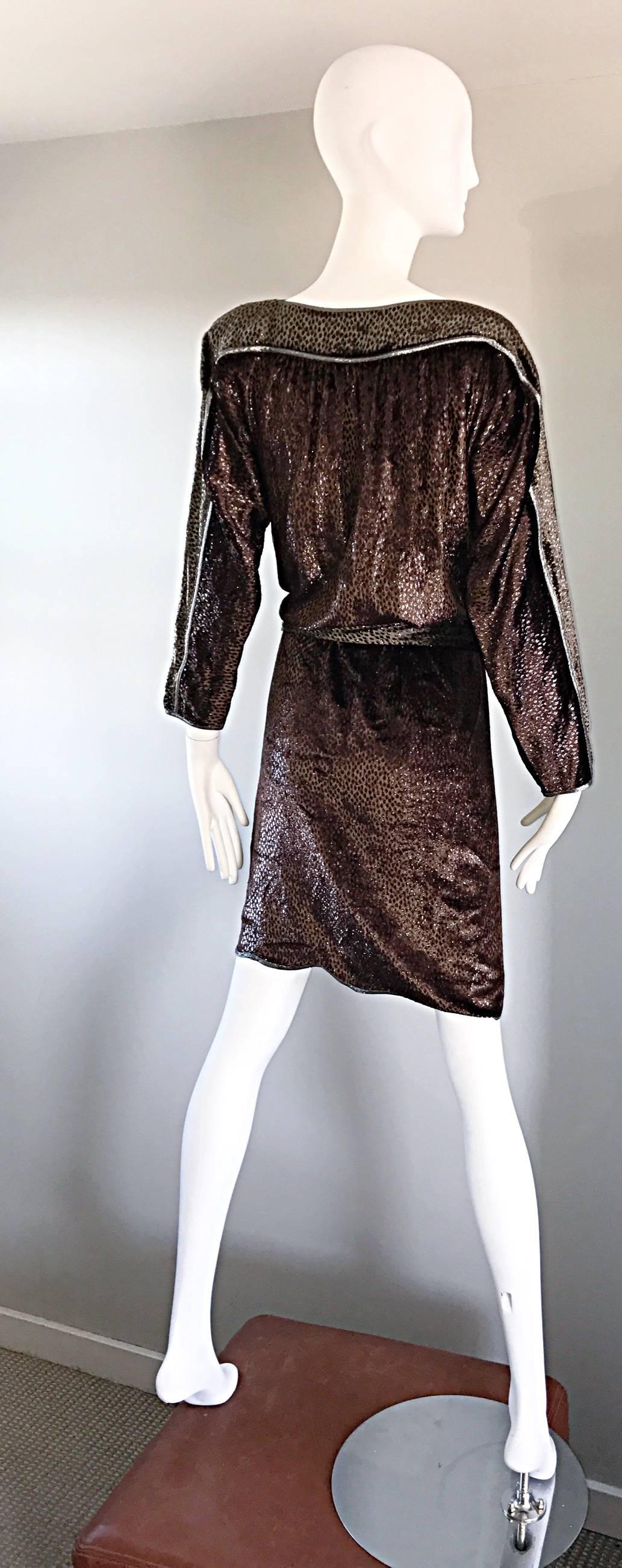 Black Geoffrey Beene Vintage Brown Silk Burnt Out Velvet Tassel Belt Long Sleeve Dress For Sale