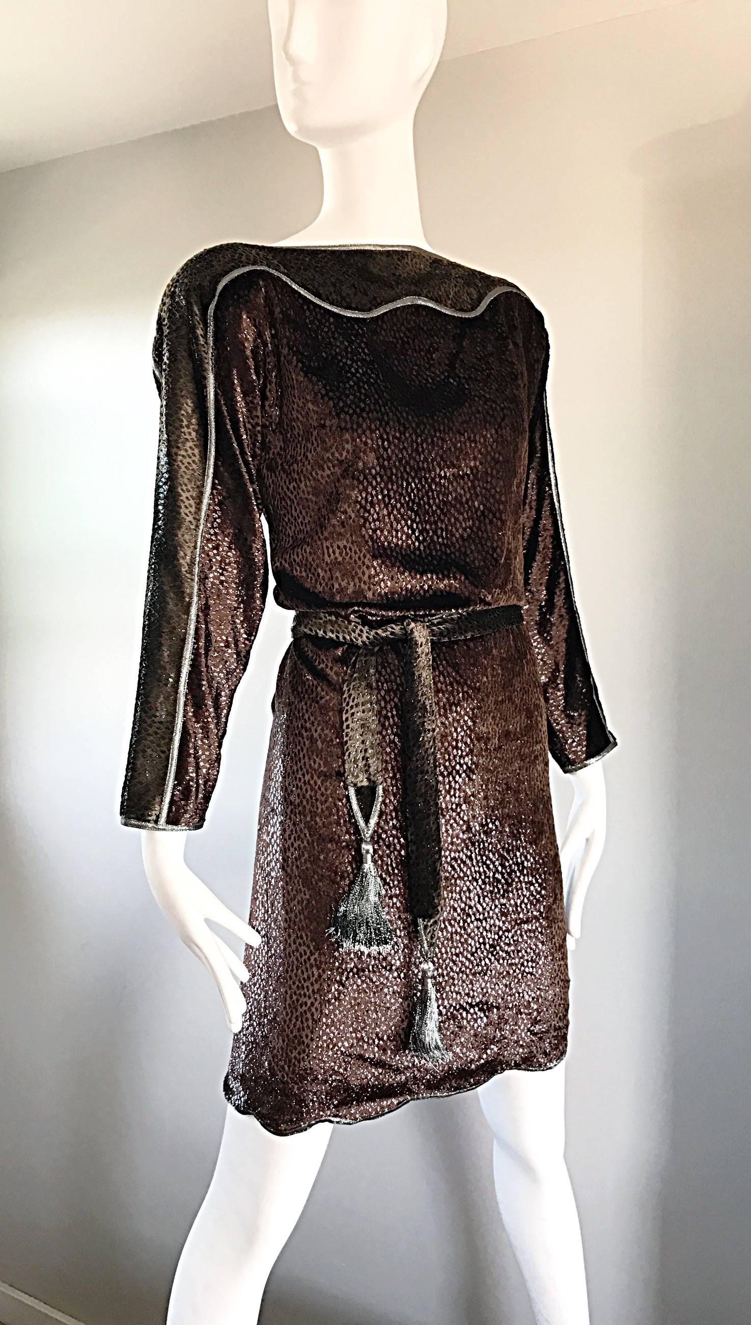 Geoffrey Beene Vintage Brown Silk Burnt Out Velvet Tassel Belt Long Sleeve Dress In Excellent Condition For Sale In San Diego, CA