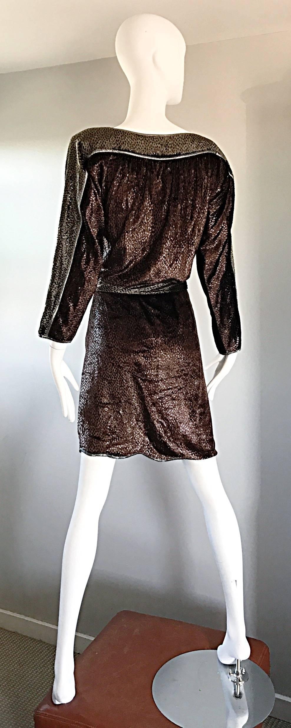 Women's Geoffrey Beene Vintage Brown Silk Burnt Out Velvet Tassel Belt Long Sleeve Dress For Sale