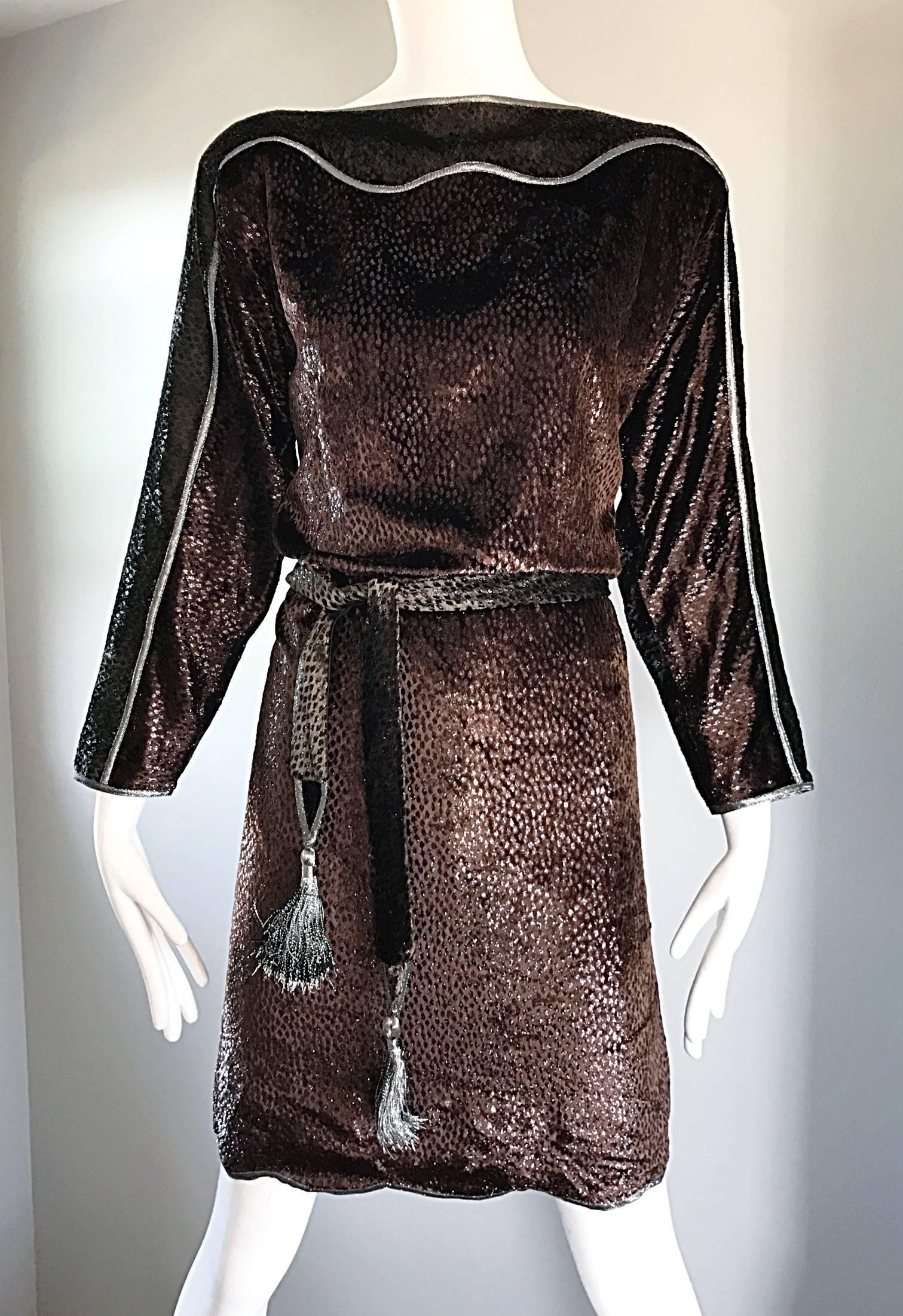 Geoffrey Beene Vintage Brown Silk Burnt Out Velvet Tassel Belt Long Sleeve Dress For Sale 1