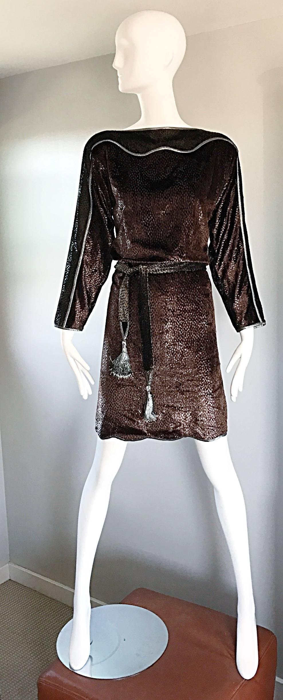 Geoffrey Beene Vintage Brown Silk Burnt Out Velvet Tassel Belt Long Sleeve Dress For Sale 2