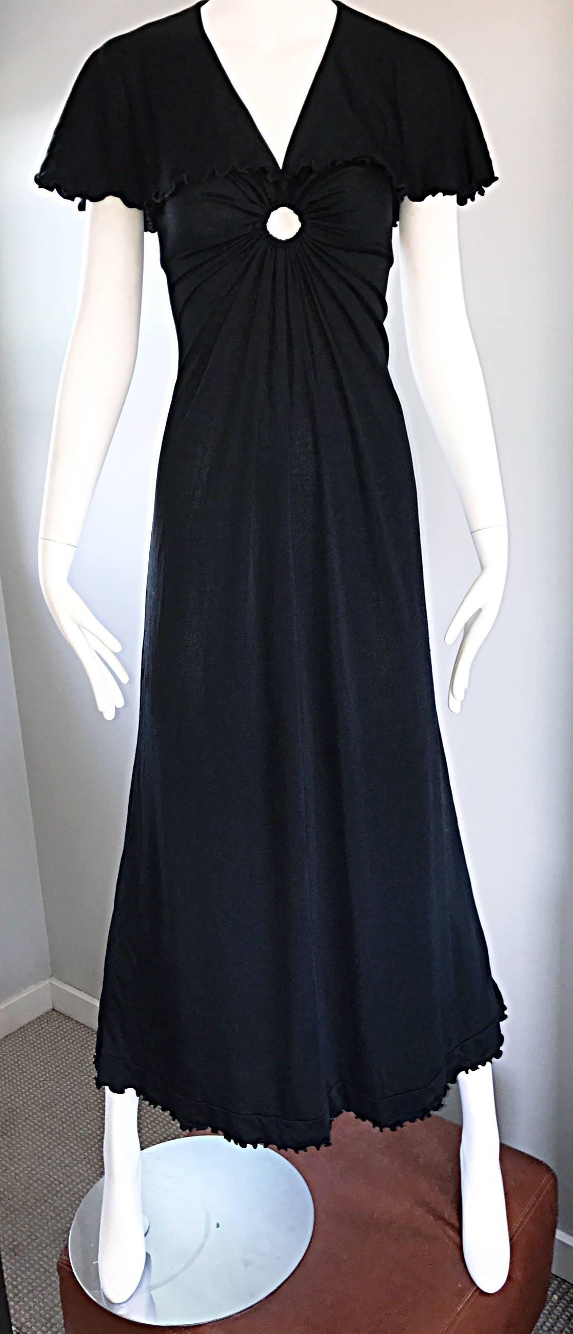 Women's 1970s Giorgio Sant Angelo Vintage Black Jersey 70s Sexy Boho Keyhole Maxi Dress For Sale