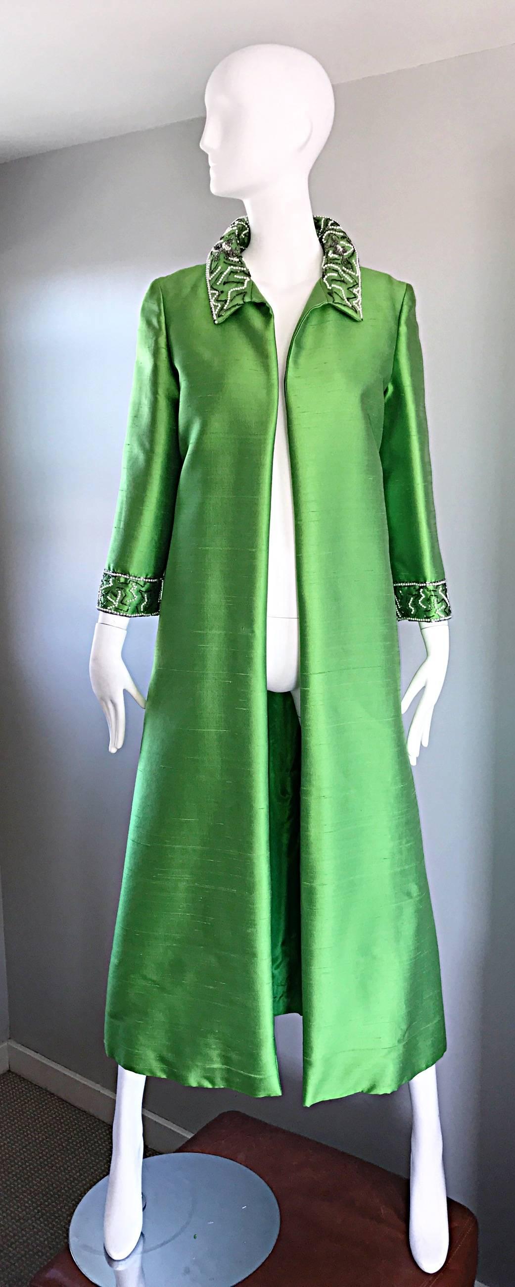 Absolutely incredible vintage couture 60s raw silk long evening / opera jacket! Fantastic tailored fit that can easily transition from jeans to a dress. Hundreds of hand-sewn beads, pearls and rhinestones at the collar, and at each sleeve cuff.