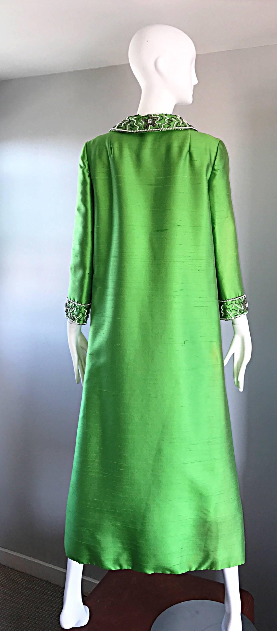 Amazing 1960s Vintage Green Silk Shantung Beaded Long Evening Opera Coat Jacket In Excellent Condition In San Diego, CA