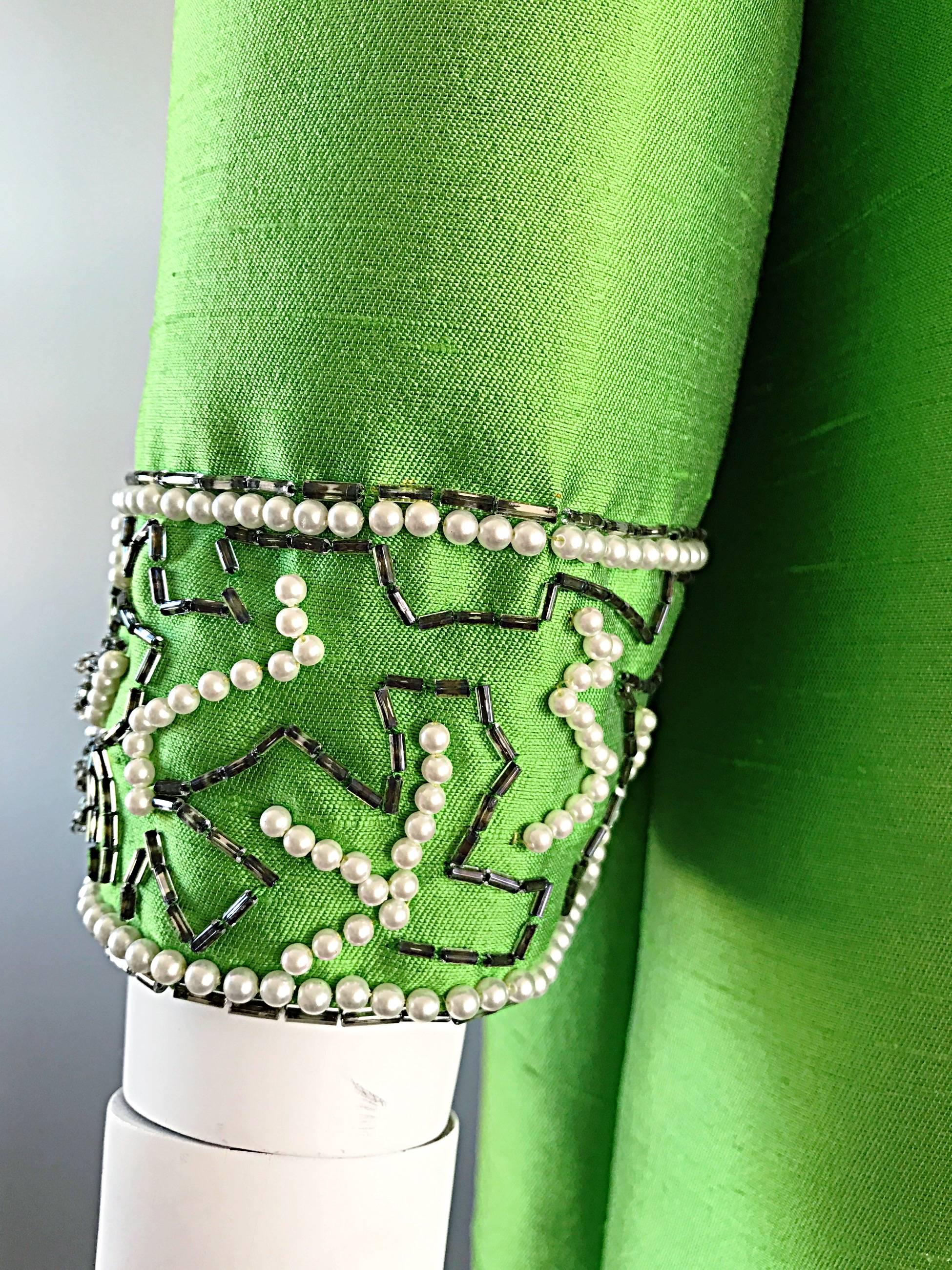 Women's Amazing 1960s Vintage Green Silk Shantung Beaded Long Evening Opera Coat Jacket